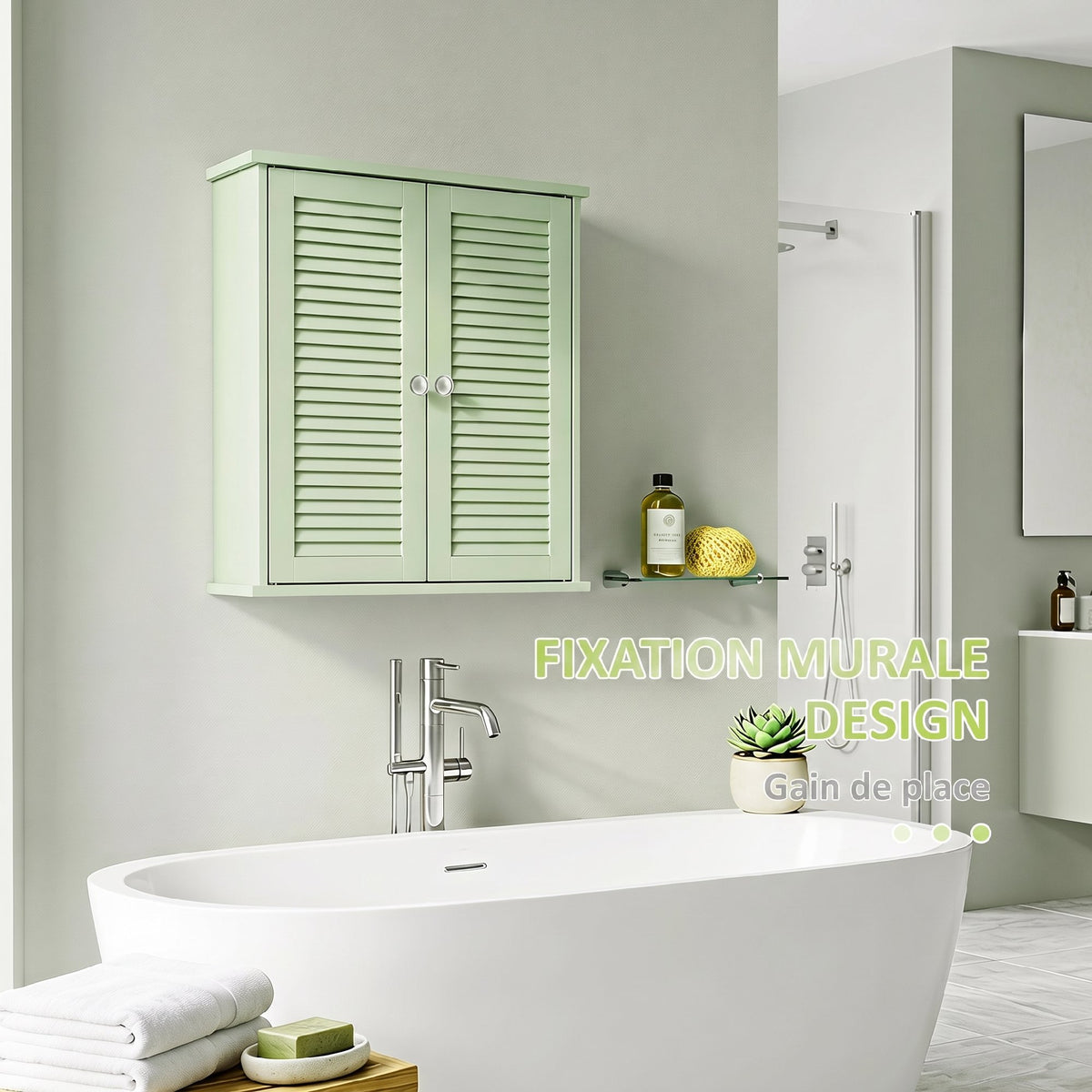 Armoire murale de salle de bain, meuble de rangement suspendu avec 2 portes persiennes et étagère réglable, vert