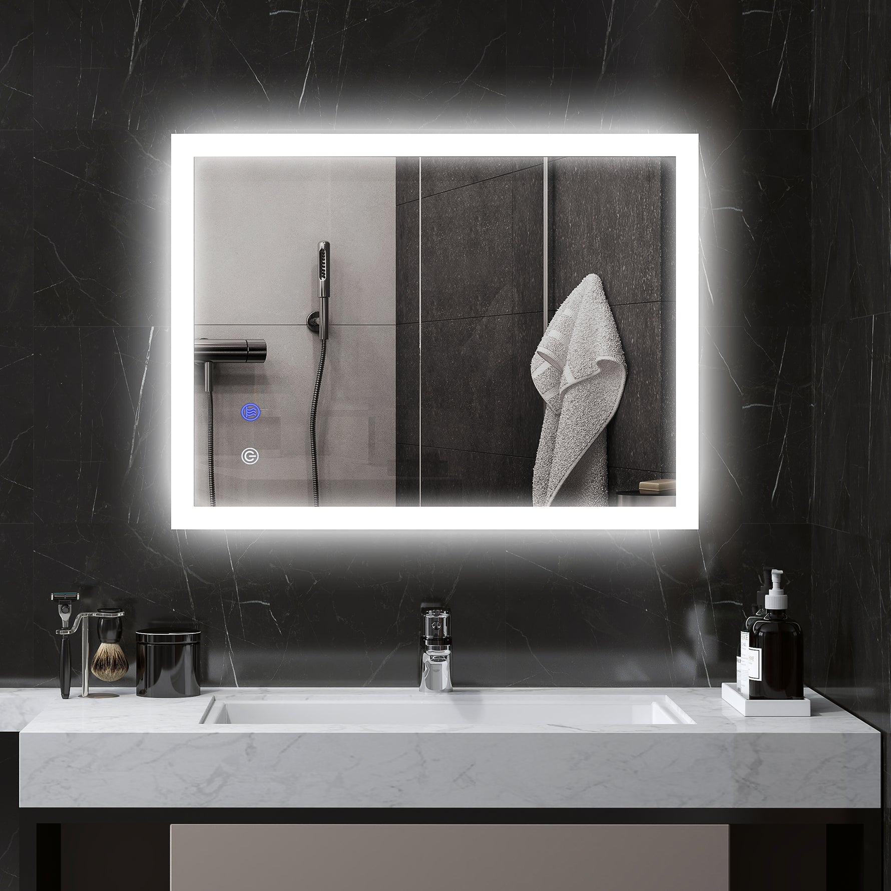 Miroir mural lumineux LED de salle de bain 80 x 60 cm 3 couleurs luminosité réglable interrupteur tactile transparent