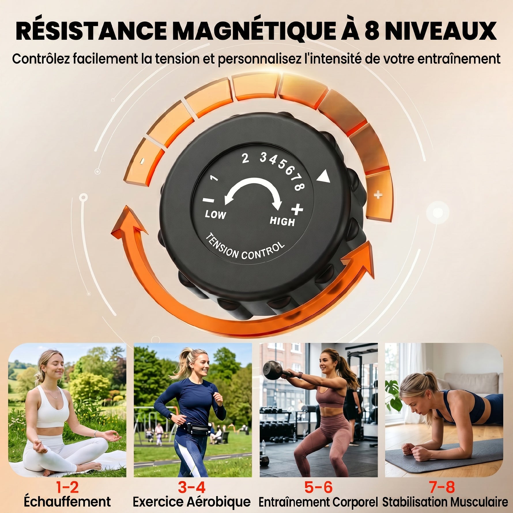 Vélo d'Appartement Pliable 4-en-1 - Ergomètre Magnétique Silencieux avec Cordes de Résistance - Sport Maison et Cardio-training avec Roulettes, Selle Confort et LCD (Max 120kg), Rose