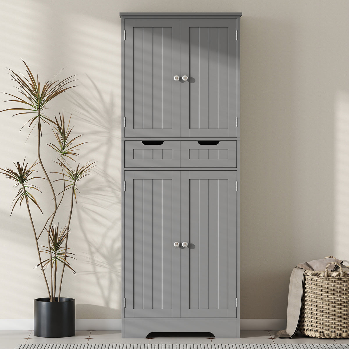 Meuble de salle de bain avec tiroir, placard à portes, étagère réglable, 60 x 30 x 160 cm, gris