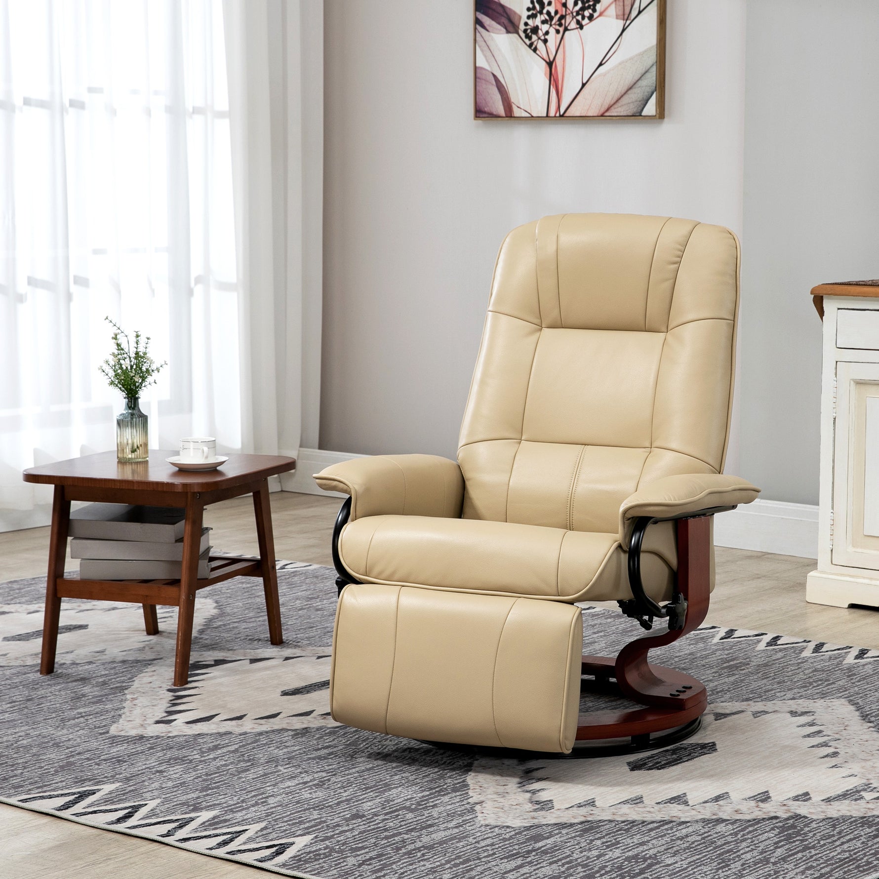 Fauteuil relax inclinable repose-pieds réglable pivotant 360° piètement bois revêtement PU respirant et doux crème