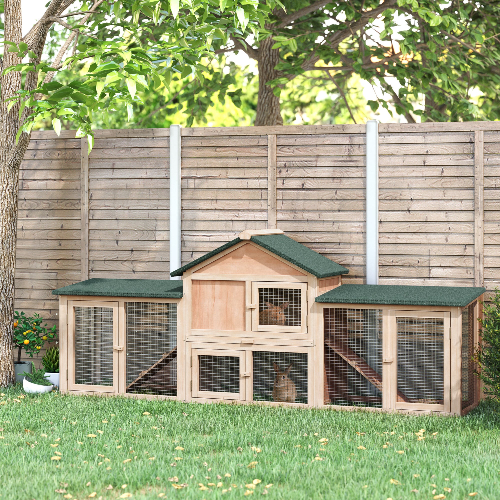 XXL Rabbit hutch cage for rodents, 2-tier dwarf hutch, asphalt roof, waste tray, 210L x 45.5W x 84.5H cm, pre-oiled solid pine wood
