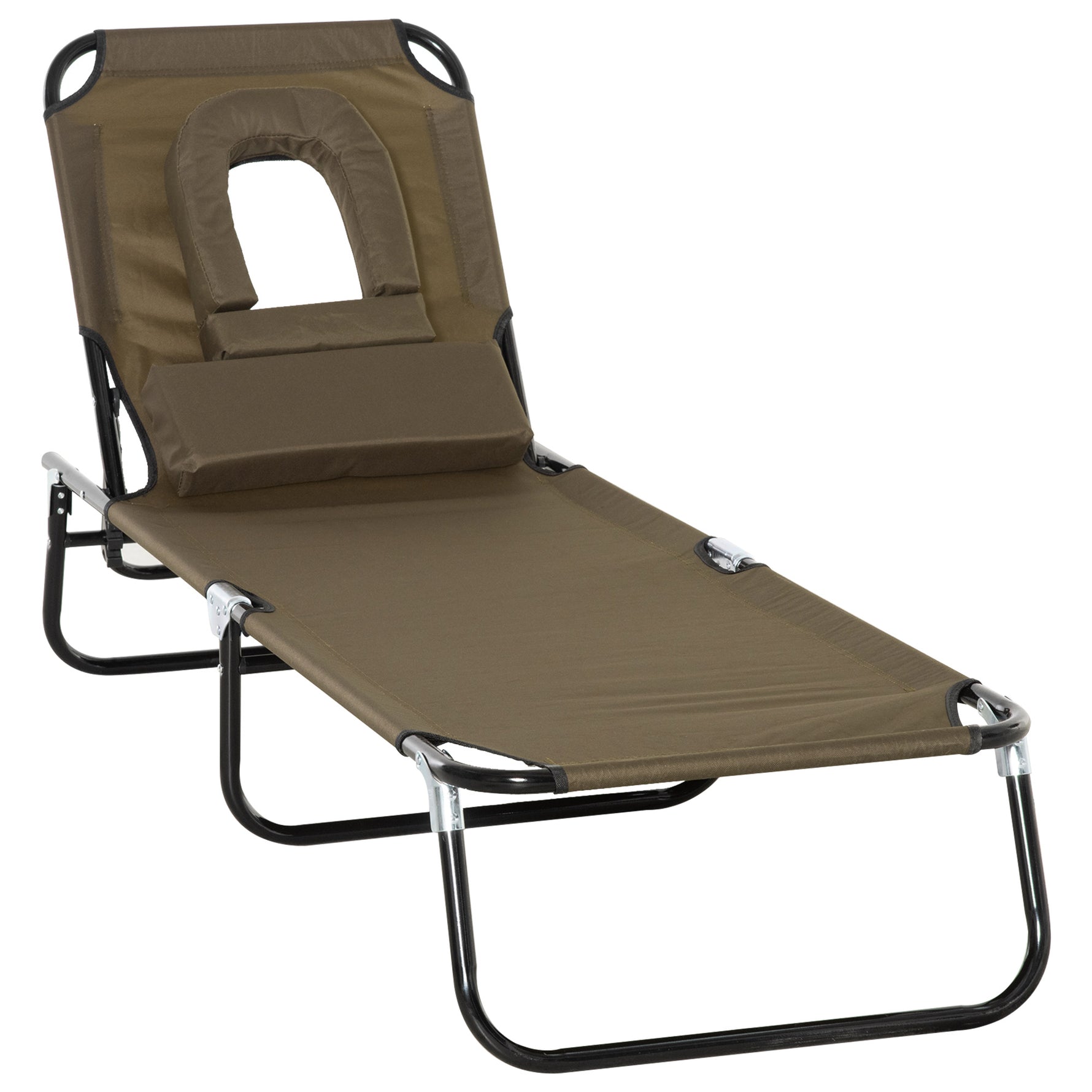 Transat de Jardin Chaise Longue Pliante Bain de Soleil avec Appuie-tête, Trou de lecture et Dossier Inclinable, Marron