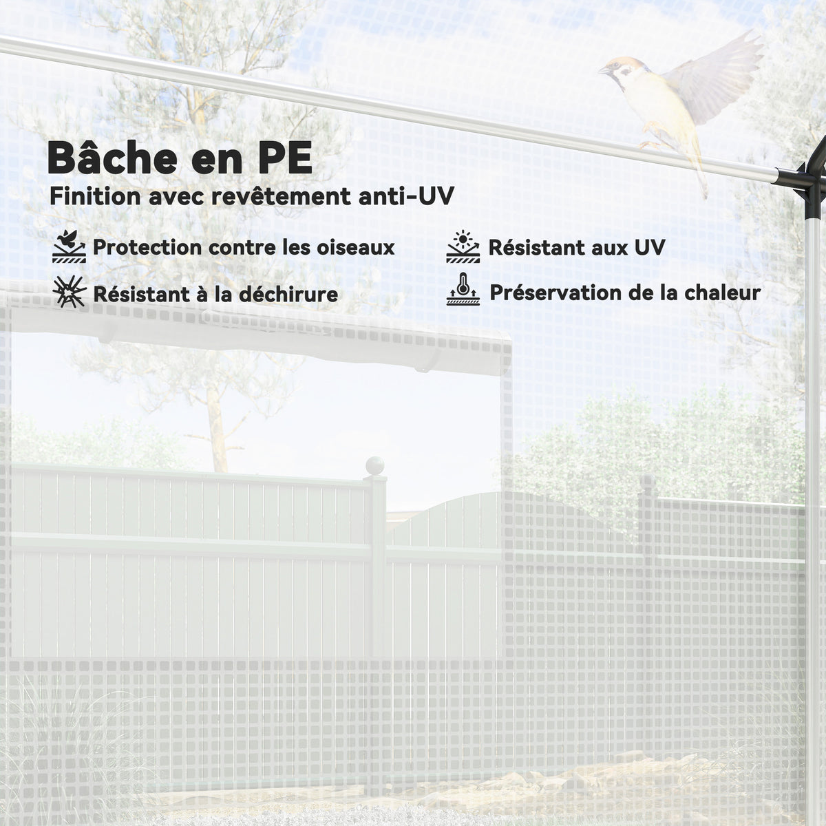 Invernadero de jardín tipo túnel 2 x 3 m, 6 m² con puerta enrollable, 4 ventanas, - Acero galvanizado PE Alta densidad Blanco
