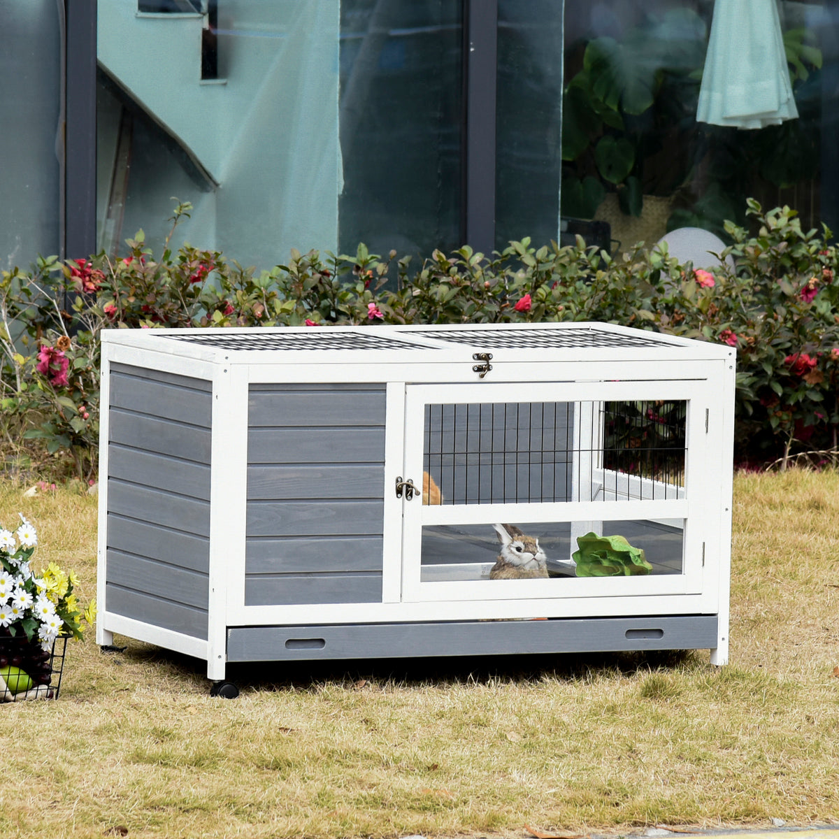 Clapier en bois cage à lapin villa pour lapin avec plateau coulissant, porte verrouillable, dessus ouvrable gris