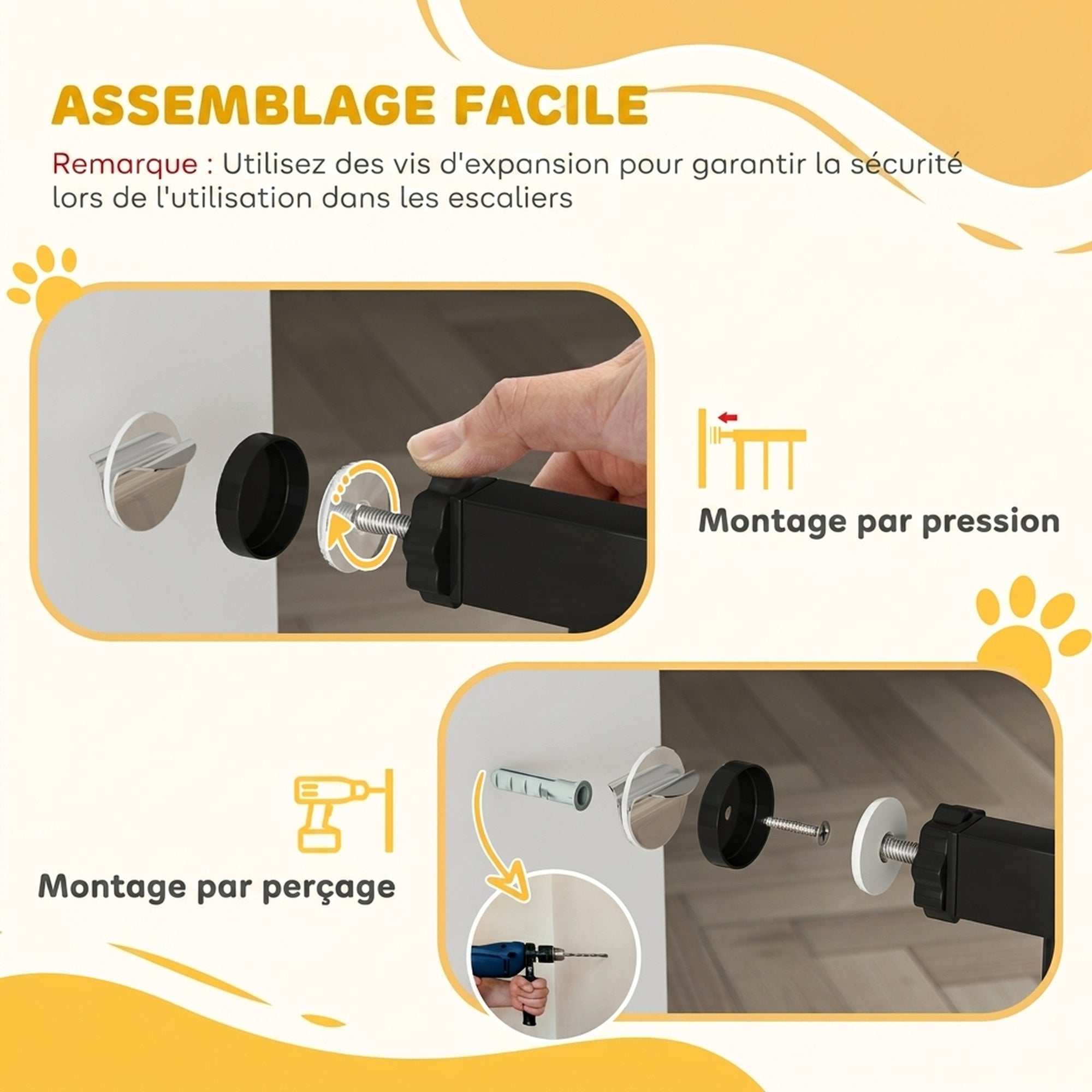 Barrière de sécurité pour chiens et bébés 76 à 130 cm avec extension fixation par pression sans perçage blanc