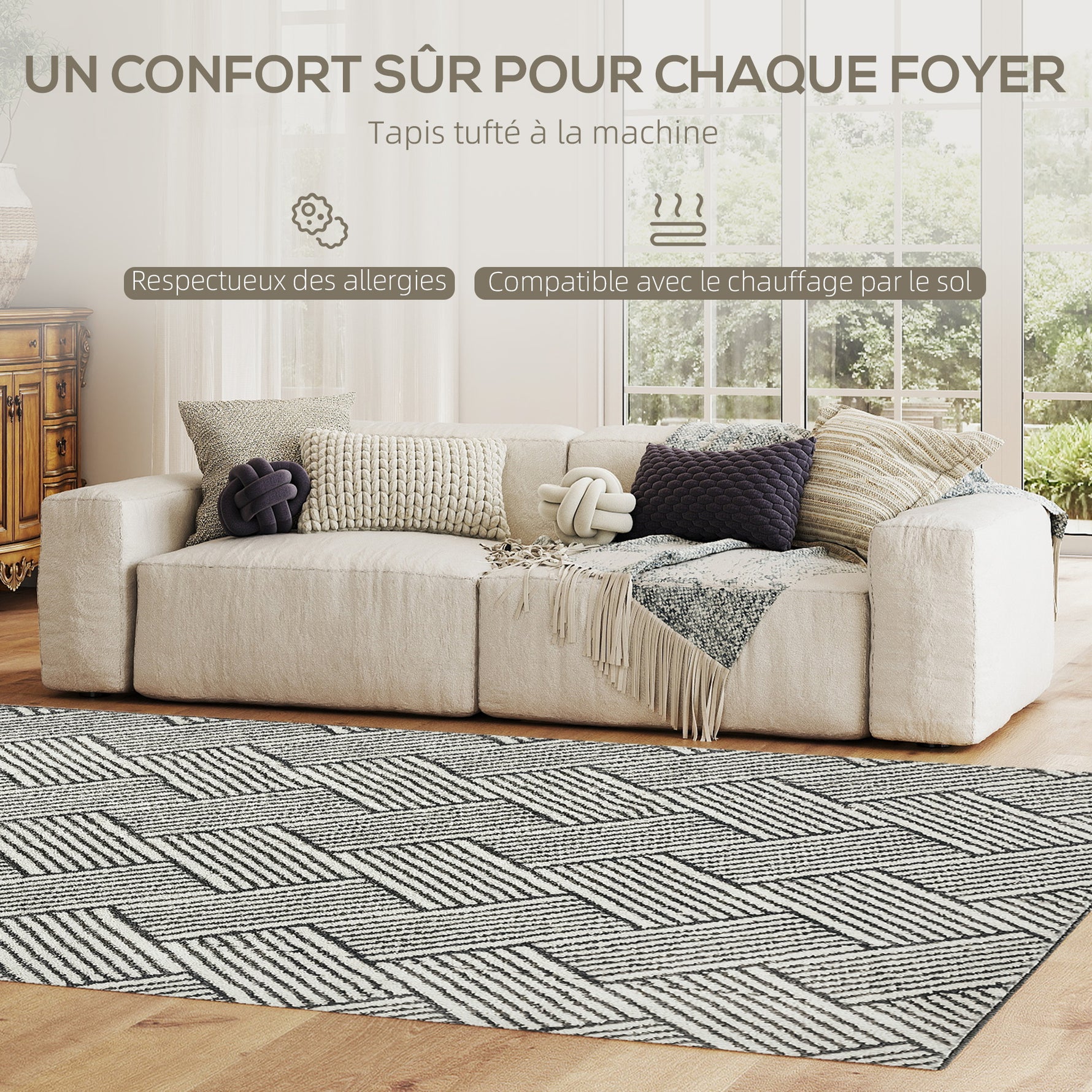 Tapis salon 200 x 140 cm poils courts lavable en machine hypoallergénique pour salon, chambre à coucher, bureau, gris