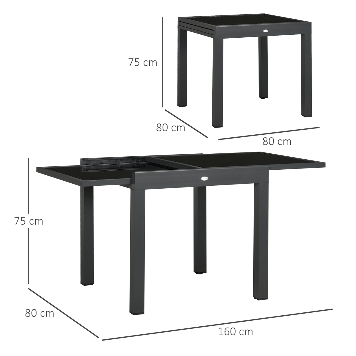Table Extensible de Jardin Grande Taille dim. dépliées 160 x 80 x 75 cm Aluminium Gris foncé Plateau Verre trempé Noir