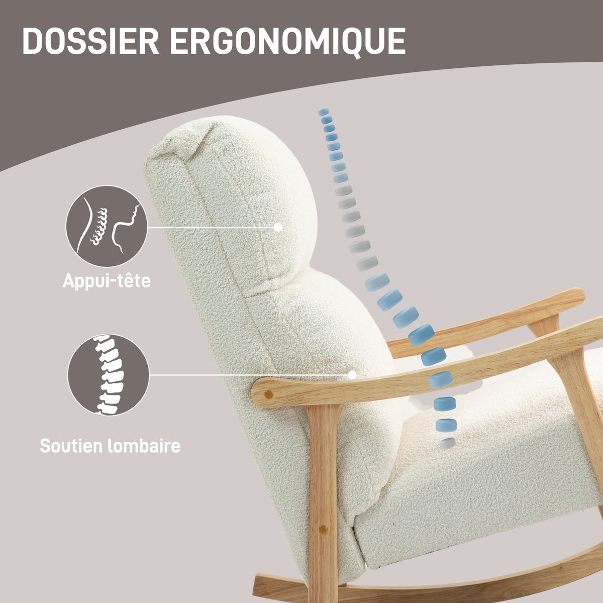 Fauteuil à bascule, rocking chair en velours teddy avec assise rembourré, dossier ergonomique, 65 x 90 x 98 cm, crème