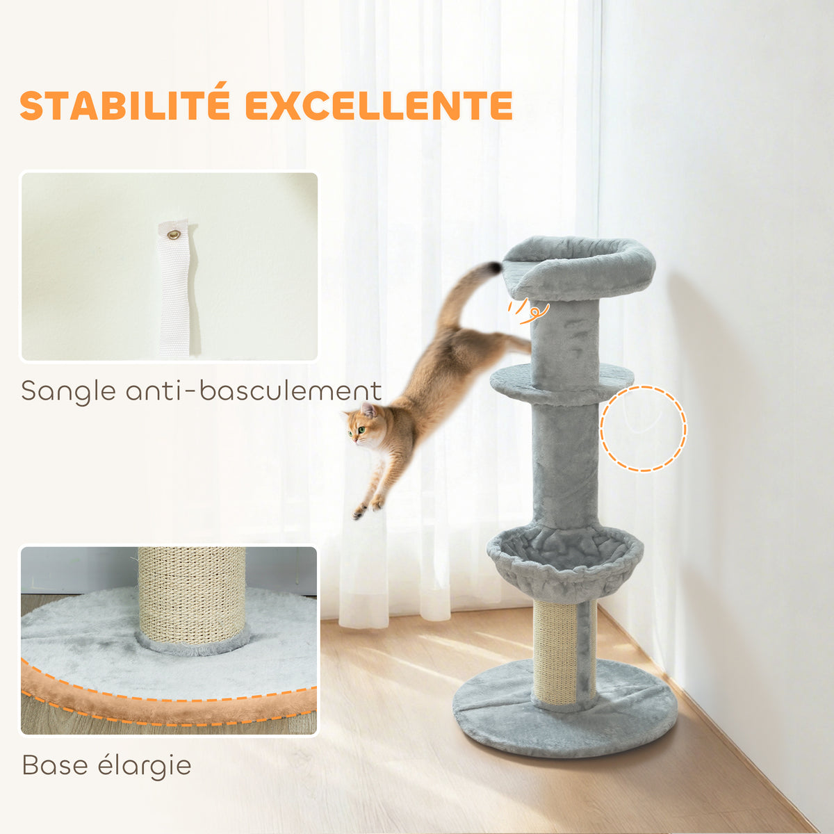 Arbre à chat tonneau à gratter pour chats griffoir en sisal, hamac, plateforme, balle jouet, Ø 48 x 103,5 cm, gris clair