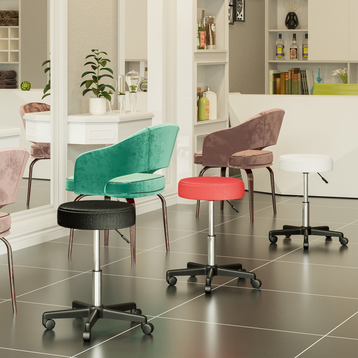 Lot de 2 tabourets de massage à roulettes reglable en hauteur pivotant avec trois couleurs de housse de protection