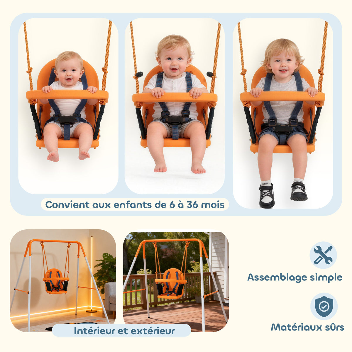 Balançoire portique pour enfants de 6 à 36 mois capacité de charge de 25 Kg en acier hauteur 122 cm orange
