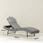 Chaise longue en résine tressé, bain de soleil avec dossier réglable 5 positions et appui-tête, 198 x 61 x 44 cm, gris