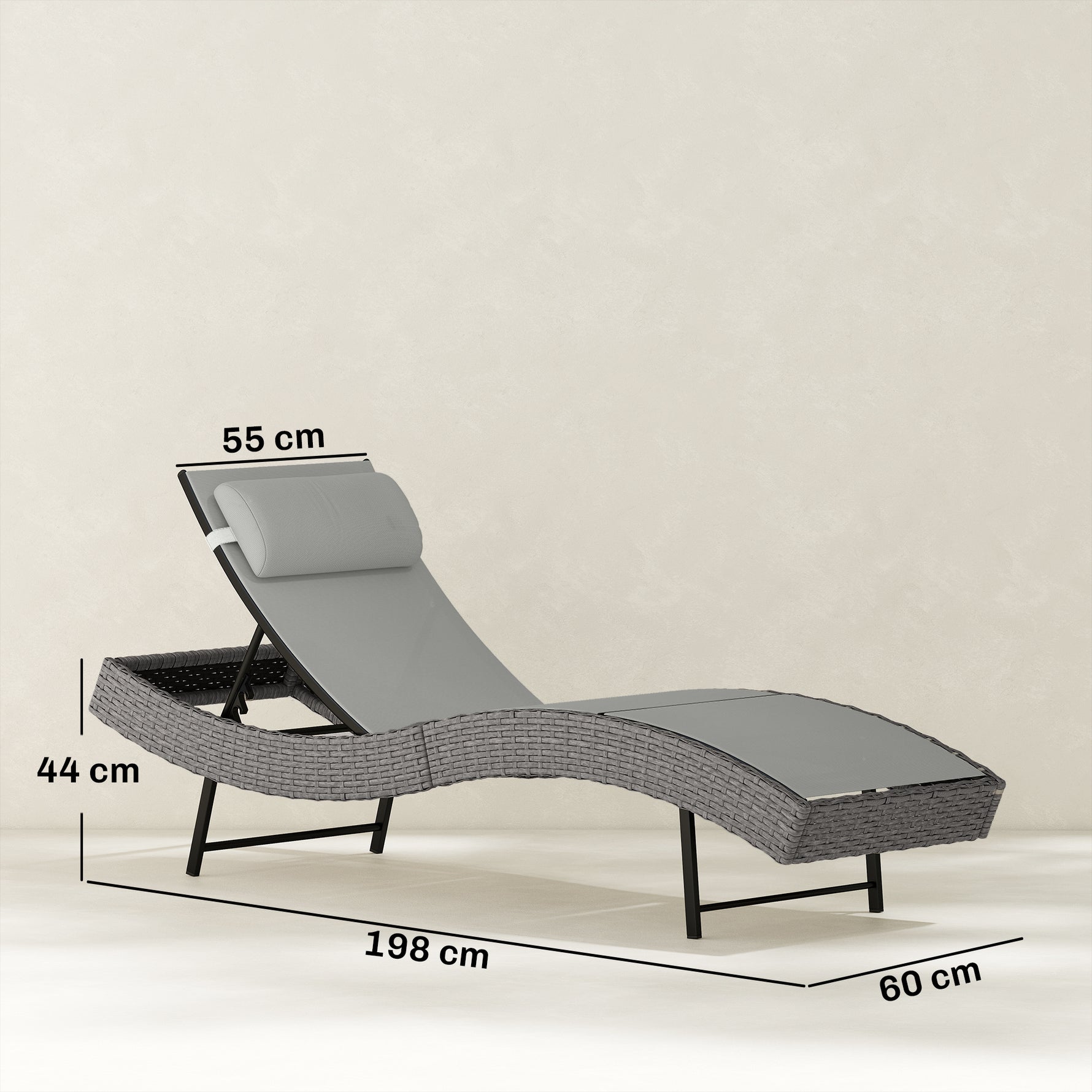 Chaise longue en résine tressé, bain de soleil avec dossier réglable 5 positions et appui-tête, 198 x 61 x 44 cm, gris