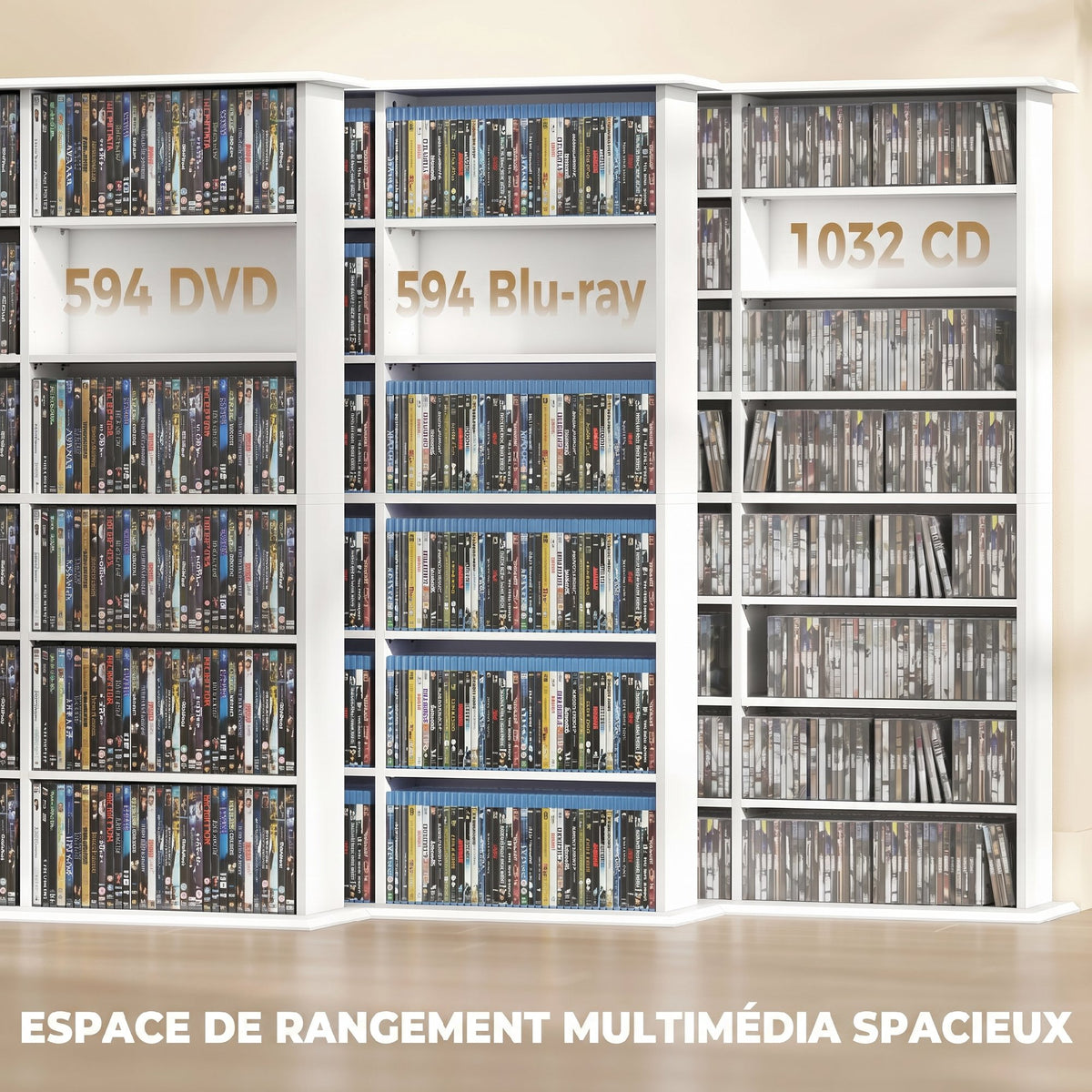 Meuble de rangement 1032 CDs / 594 DVDs, étagère multimédia, 24 compartiments et 18 étagères ajustables, blanc