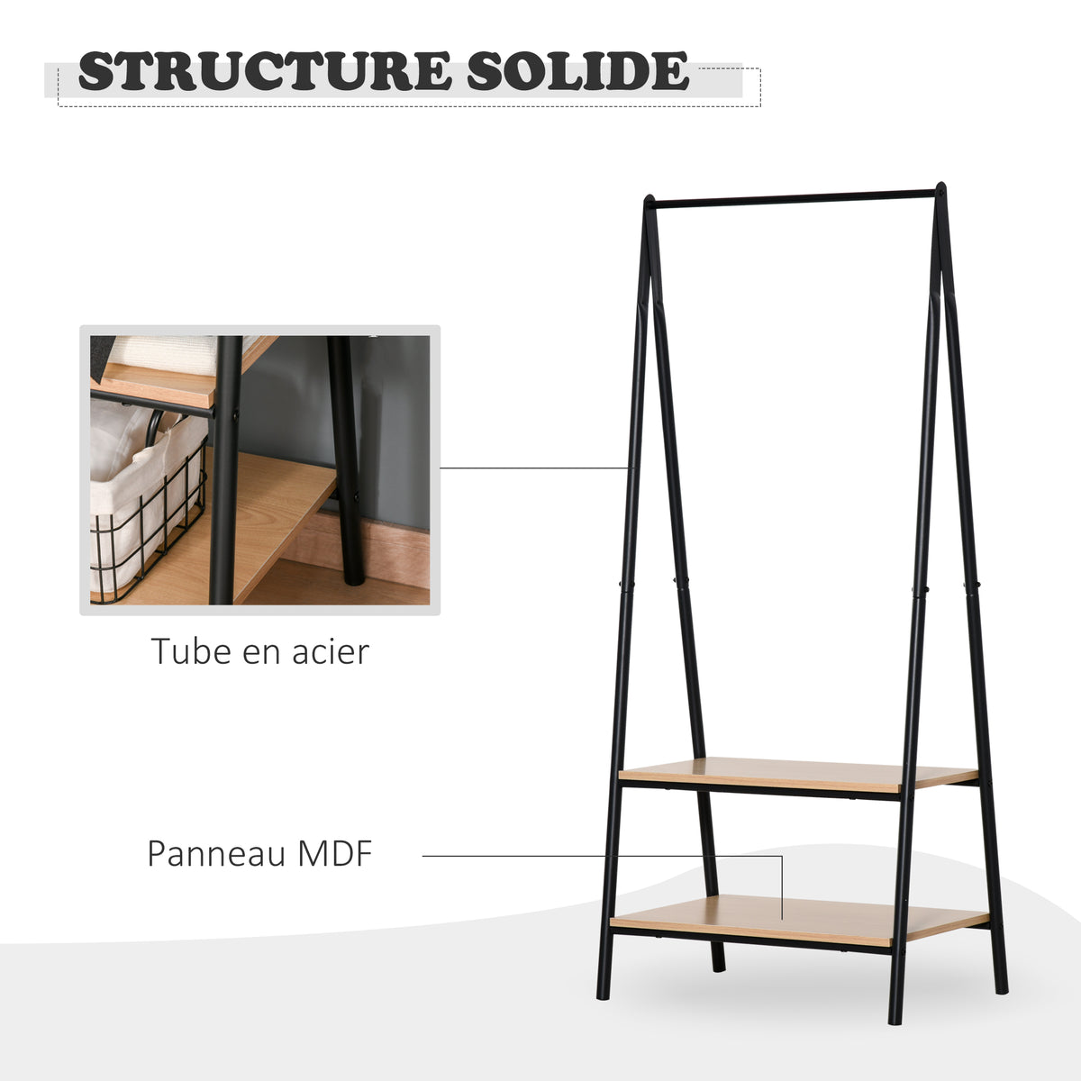 Portant à vêtements penderie style contemporain triangulaire dim. 64L x 43l x 149H cm 2 étagères MDF bois clair acier noir