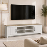 Meuble TV 175 cm, Meuble Télé pour Téléviseur jusqu'à 55 Pouces avec 2 Portes et 4 Compartiments Ouverts, Chêne et Blanc