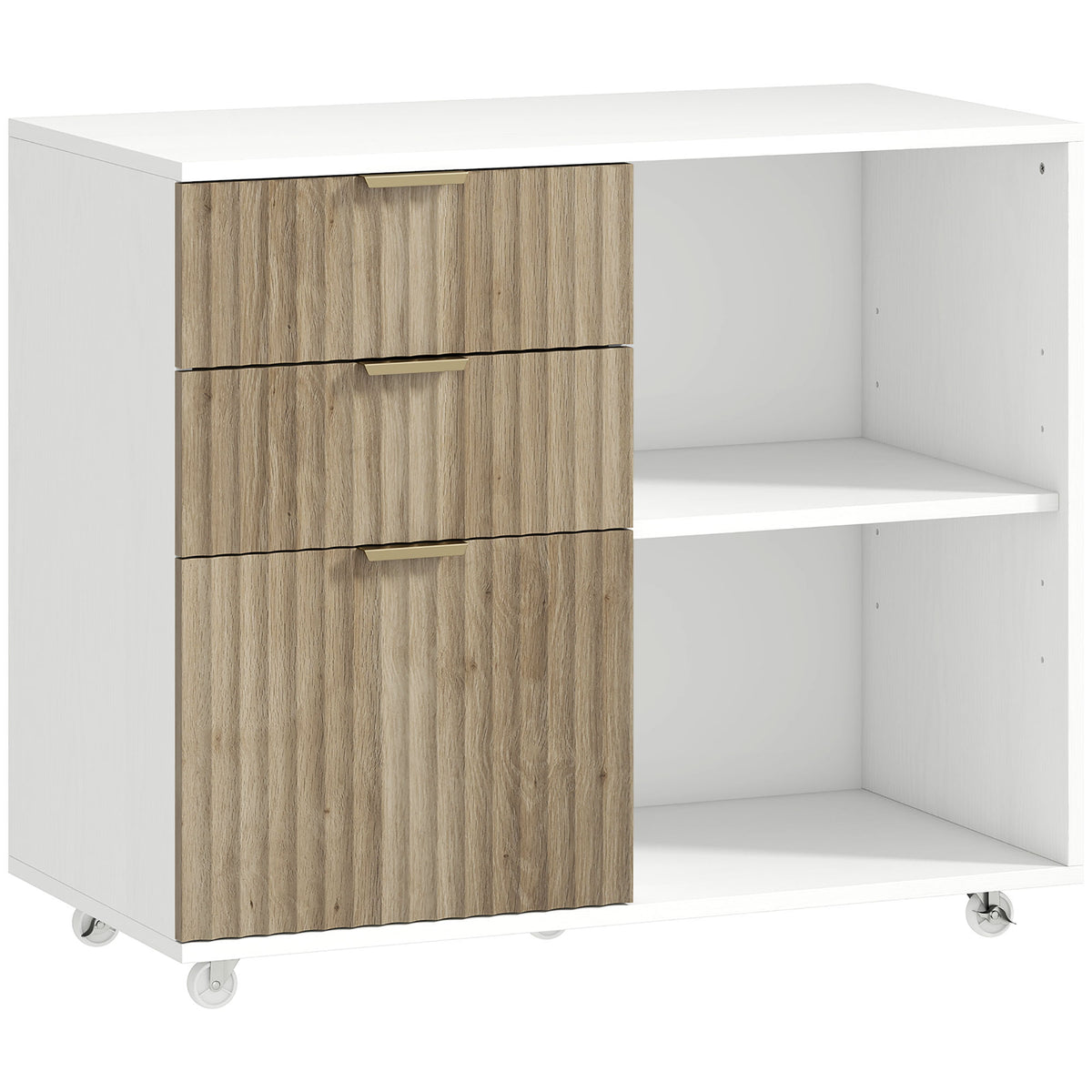 Druckerständer auf Rollen, 3 Schubladen, 2 offene Fächer, Wellendesign, 80x40x68cm, Weiß-Eiche