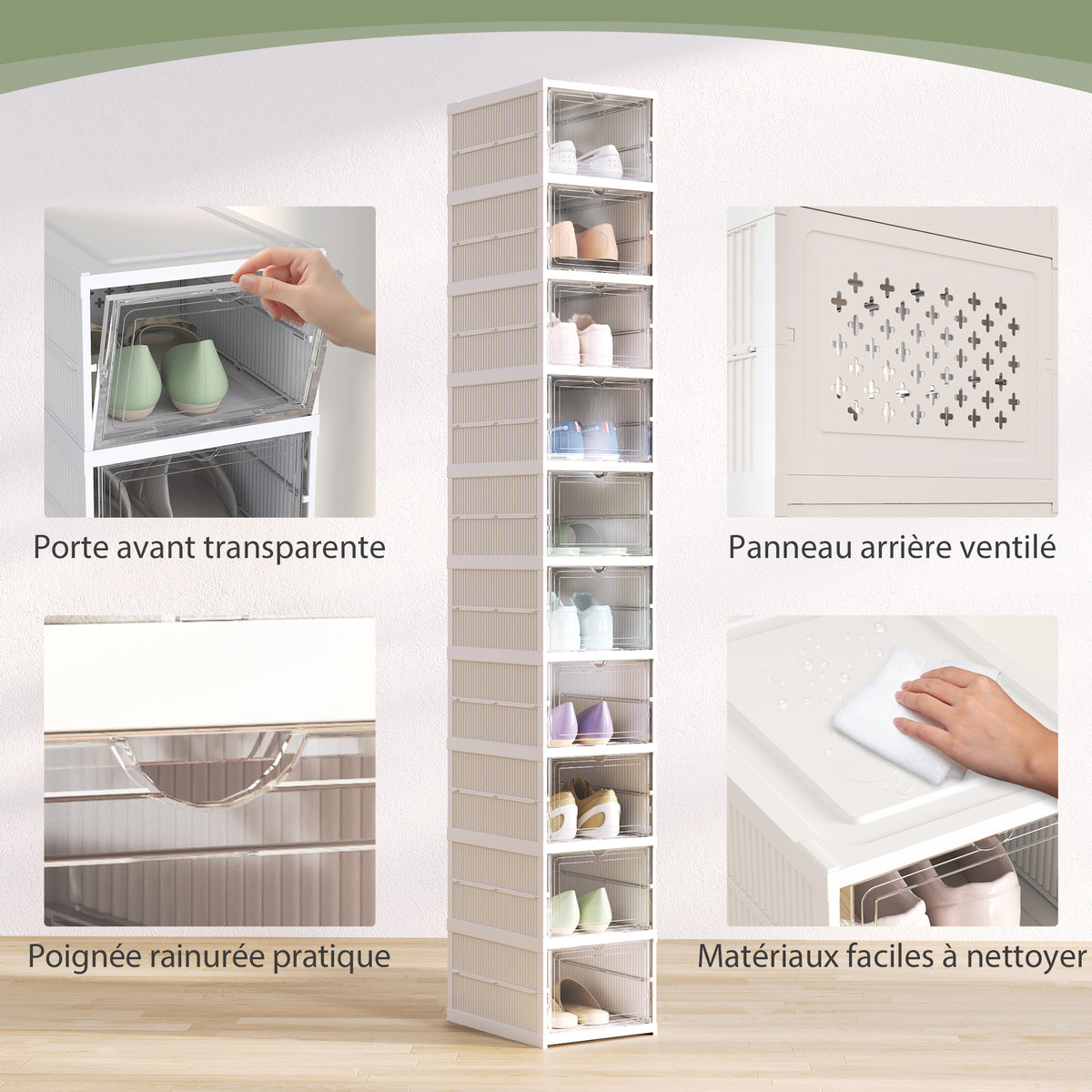 Lot de 10 boîtes à chaussures pliables en plastique empilables avec couvercles, pour pointure jusqu'à 43, blanc