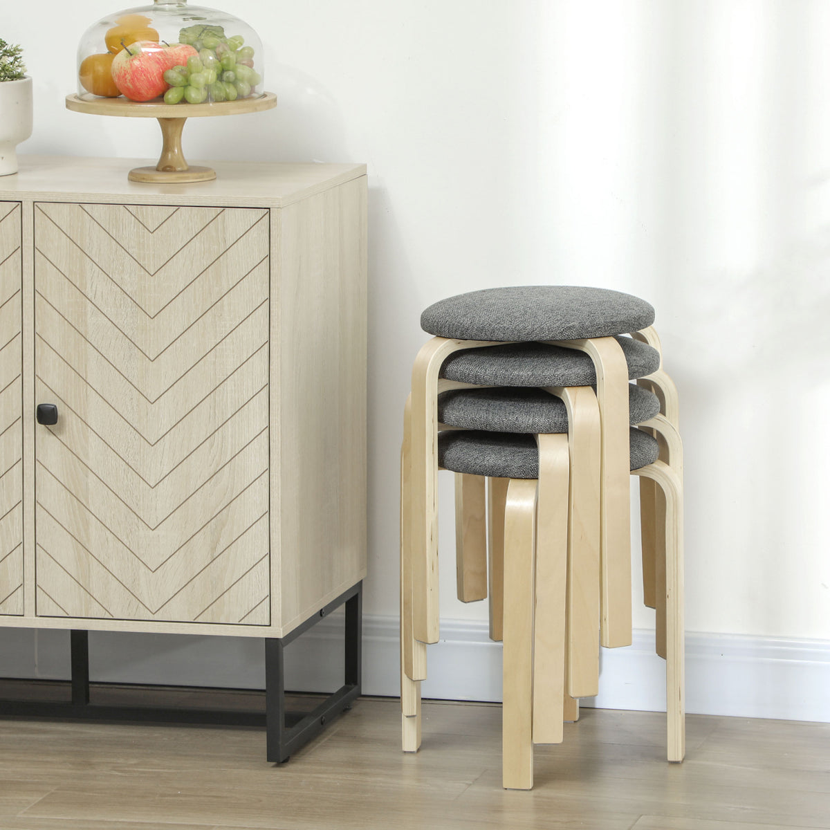 Ensemble de 4 tabourets empilables ronds sans dossier avec assise rembourrée, 40 x 40 x 45 cm, gris
