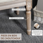 Banc bout de lit en forme demi-lune style Louis XVI structure en bois massif sculpté siège en tissu aspect lin crème