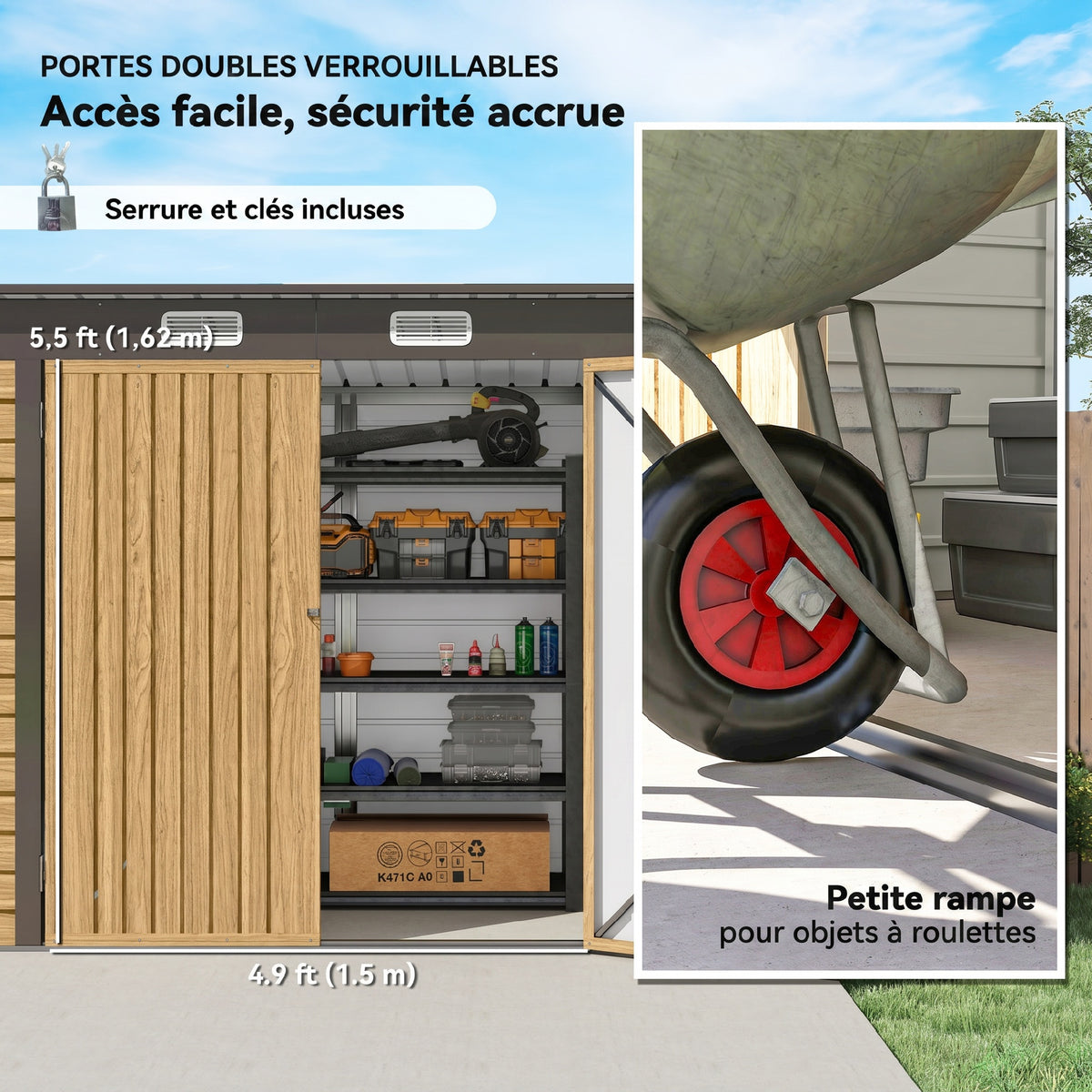 Abri de Jardin en Métal 3 m² Facile à Monter, Cabane de Jardin Structure en Acier Galvanisé Améliorée, Chêne