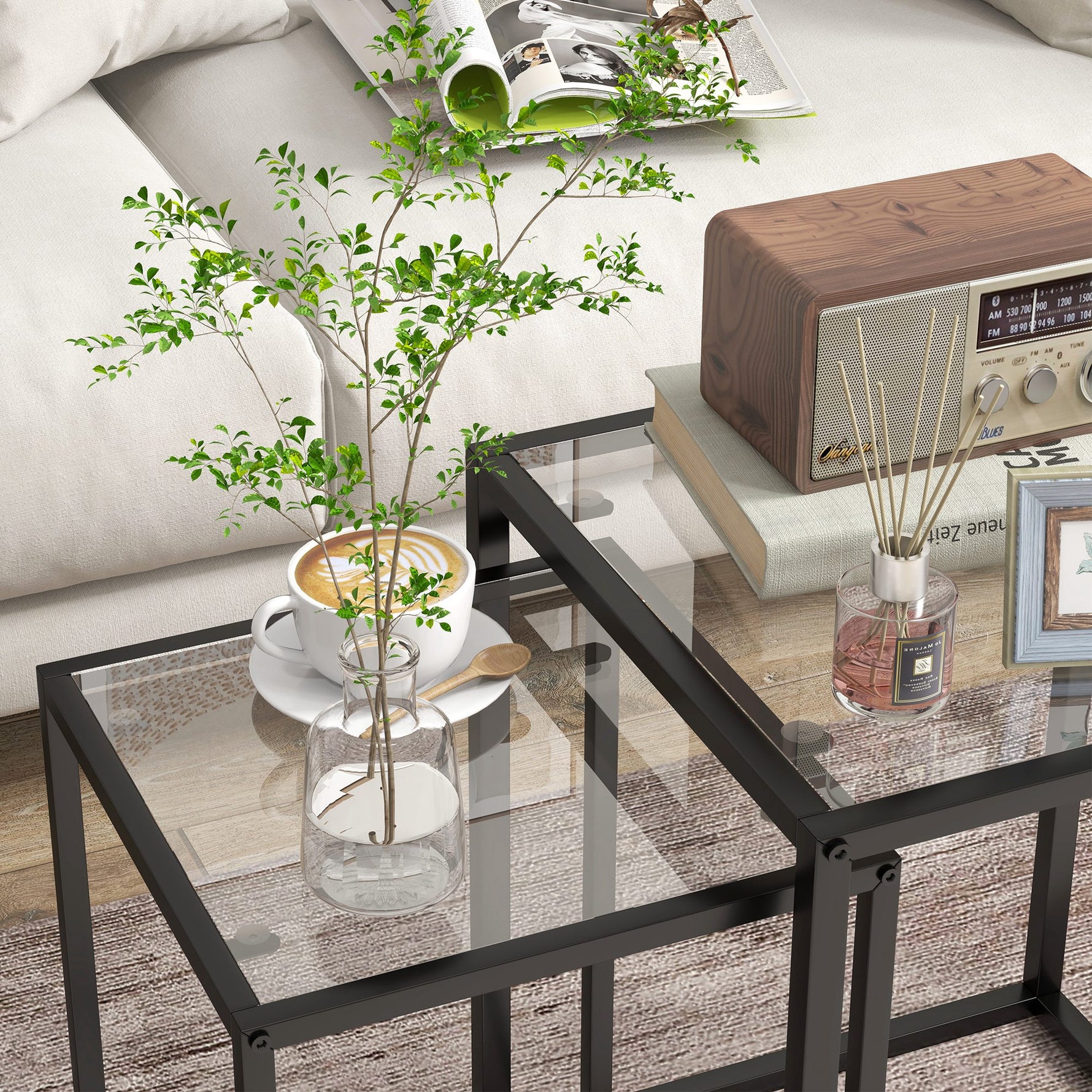 Lot de 2 tables basse gigogne, tables d'appoint empilable, plateau verre trempé cadre acier, patins antidérapants, noir