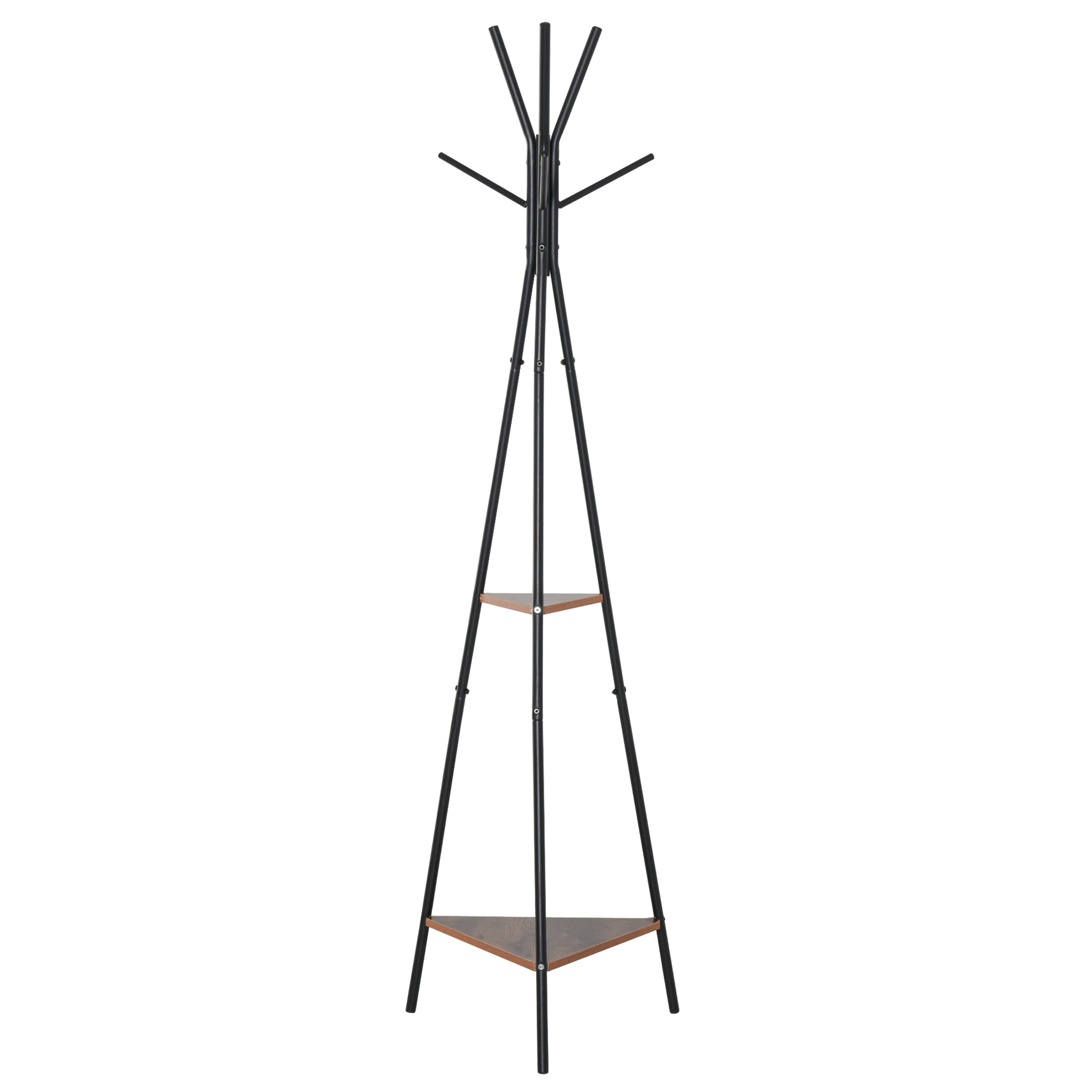 Porte-manteau trépied style industriel branches 2 étagères + 6 patères dim. 52L x 46l x 182H cm métal noir