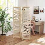 Paravent interieur en bois 3 panneaux 120 x 170 cm, pliable et portable, motif de feuille, design amovible, bois naturel