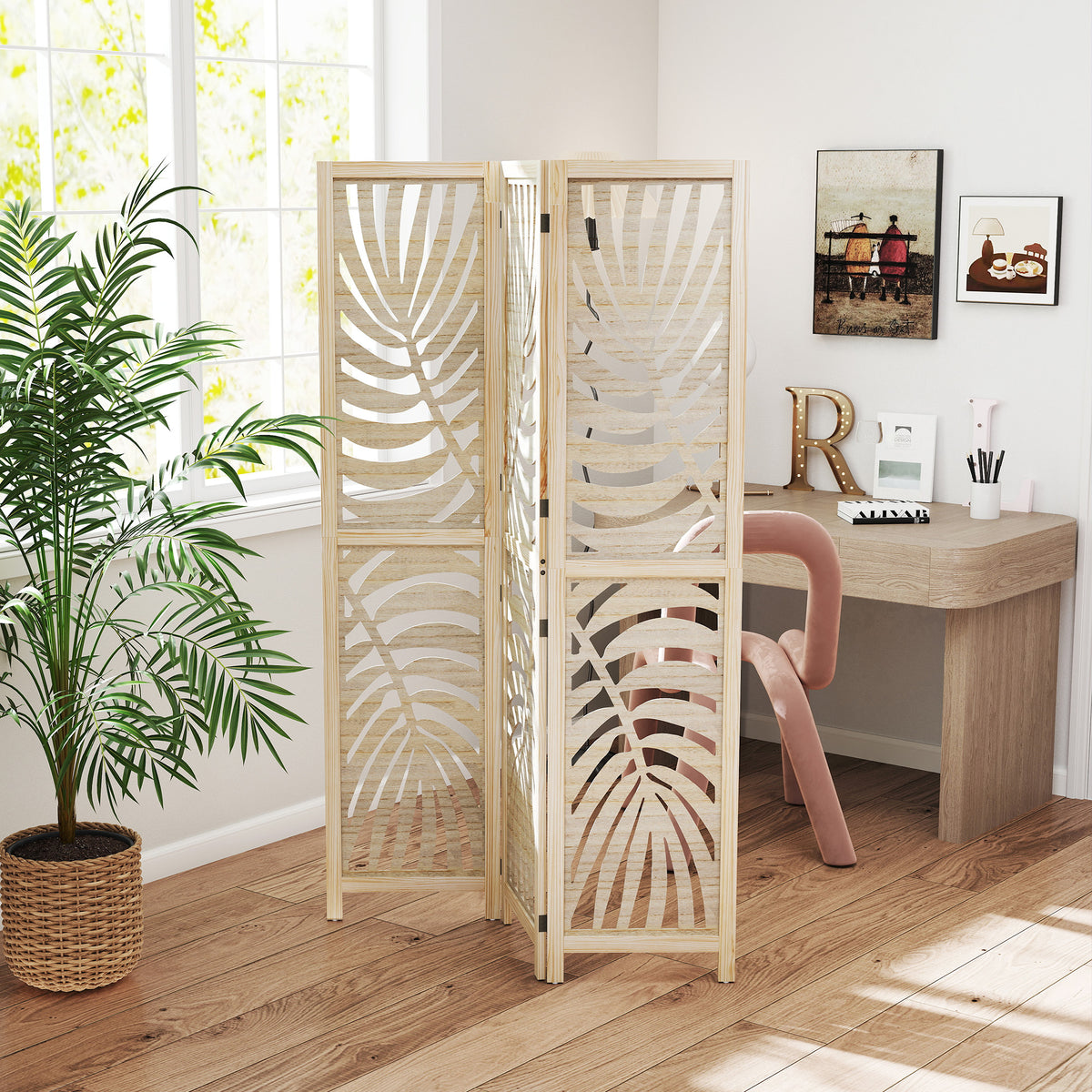 Paravent interieur en bois 3 panneaux 120 x 170 cm, pliable et portable, motif de feuille, design amovible, bois naturel