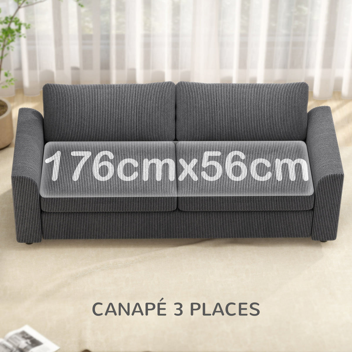 Sofá de 3 plazas de 212 cm con 2 cojines de muelles, tejido de pana, para salón, dormitorio, oficina en casa, gris oscuro