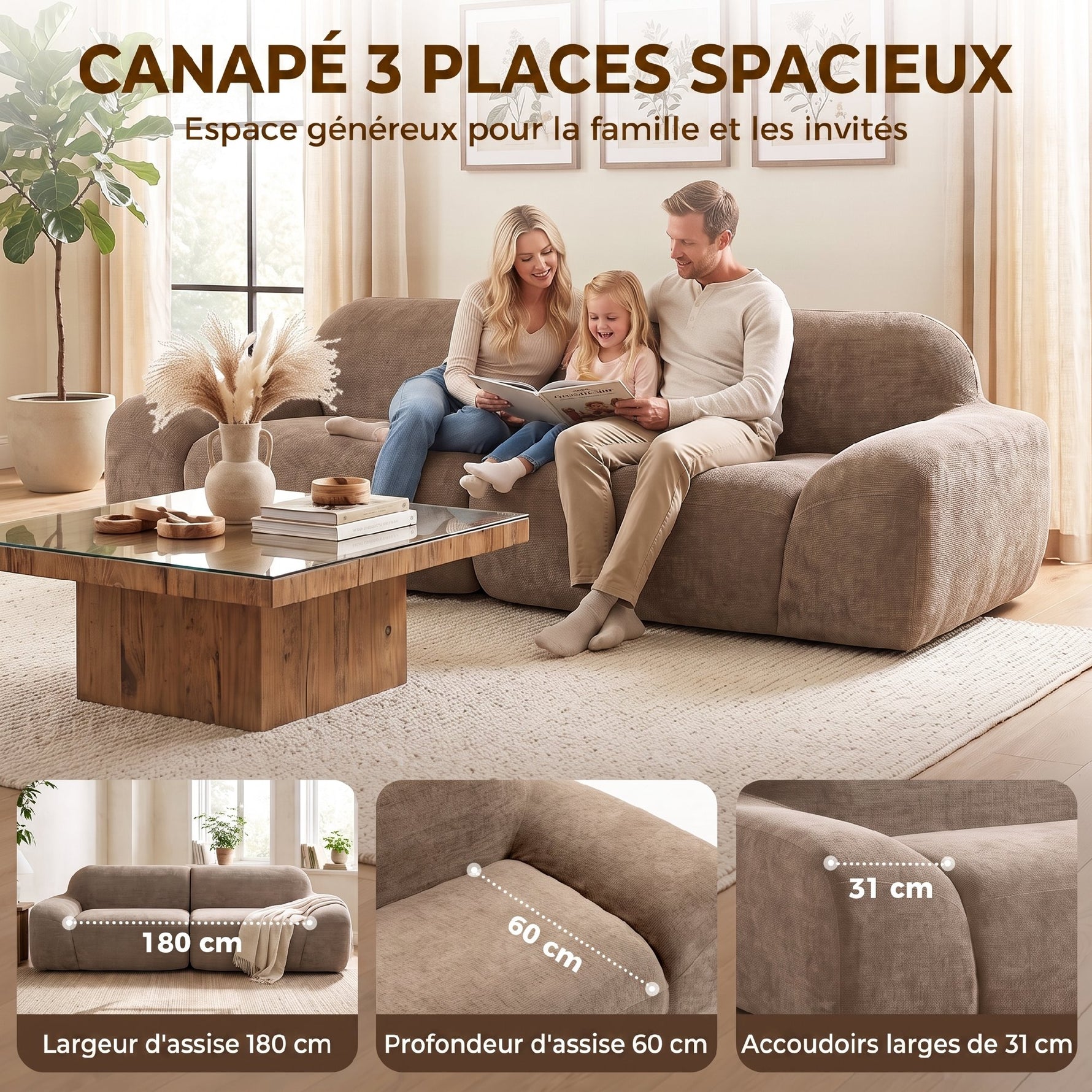 Canapé 3 Places en Chenille 244 cm, Canapé Salon Moderne, Assise et Accoudoirs Larges, Ressorts Ensachés, Marron Clair