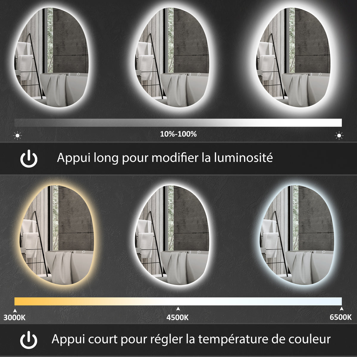 Miroir salle de bain avec éclairage LED 80 x 60 cm, miroir lumineux mural avec antibuée, mémoire, IP44, argenté