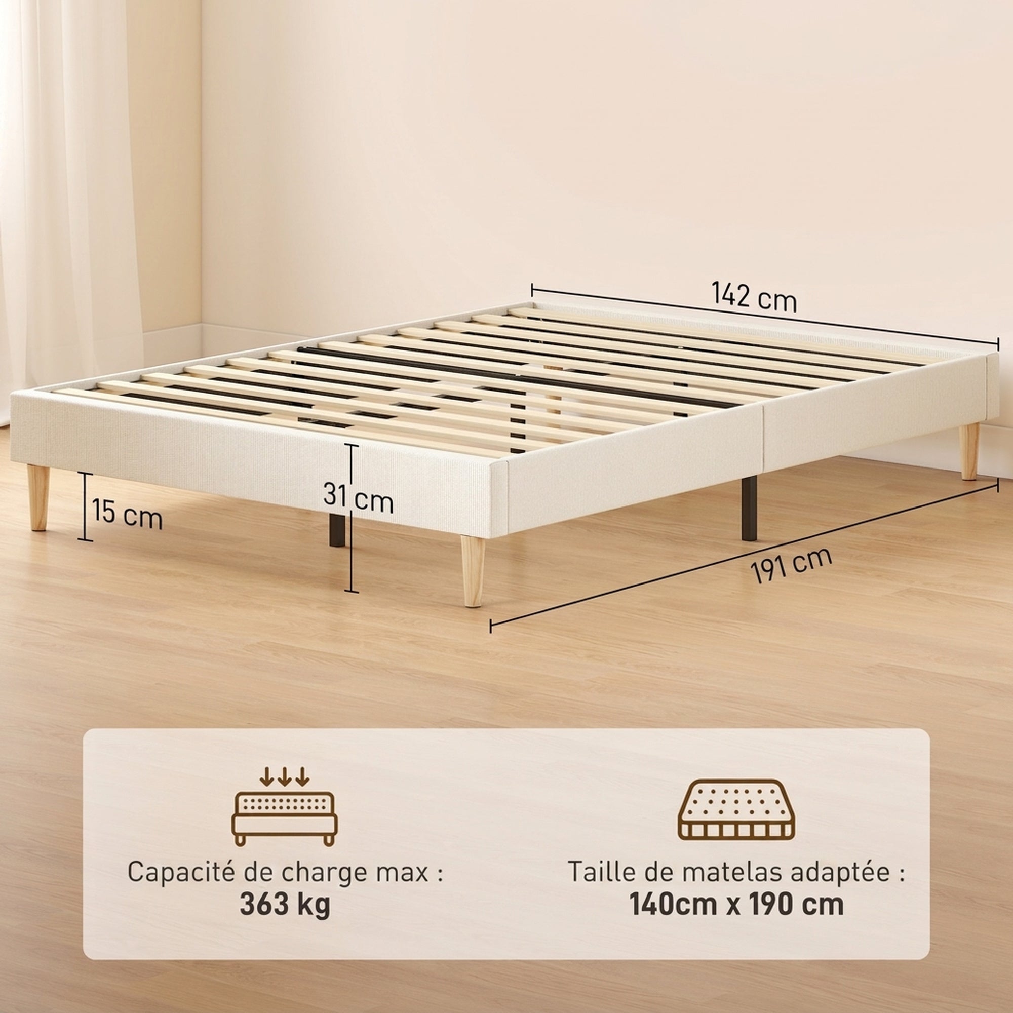 Bettgestell 140 x 190 cm mit Lattenrost, gepolstertes Doppelbett aus Cord, Stauraum darunter, Creme