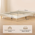 Cadre de Lit 140 x 190 cm avec Sommier, Lit Double Rembourré en Velours Côtelé, Espace de Rangement Au-Dessous, Crème