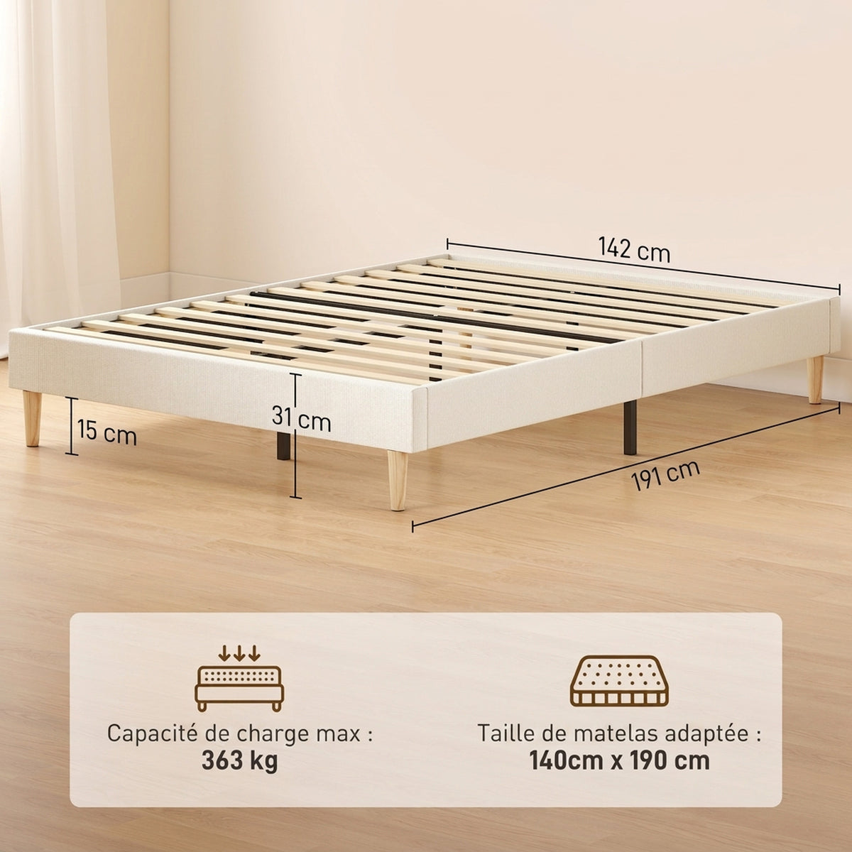 Cadre de Lit 140 x 190 cm avec Sommier, Lit Double Rembourré en Velours Côtelé, Espace de Rangement Au-Dessous, Crème
