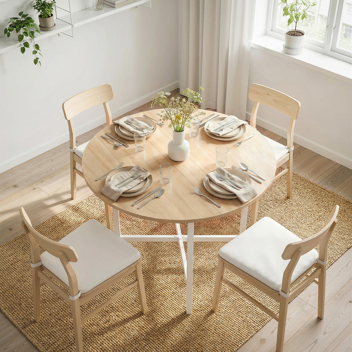 Tavolo da pranzo pieghevole, tavolo da cucina rotondo Ø 80 cm per 4 persone con 2 ribalte, gambe in acciaio, legno naturale