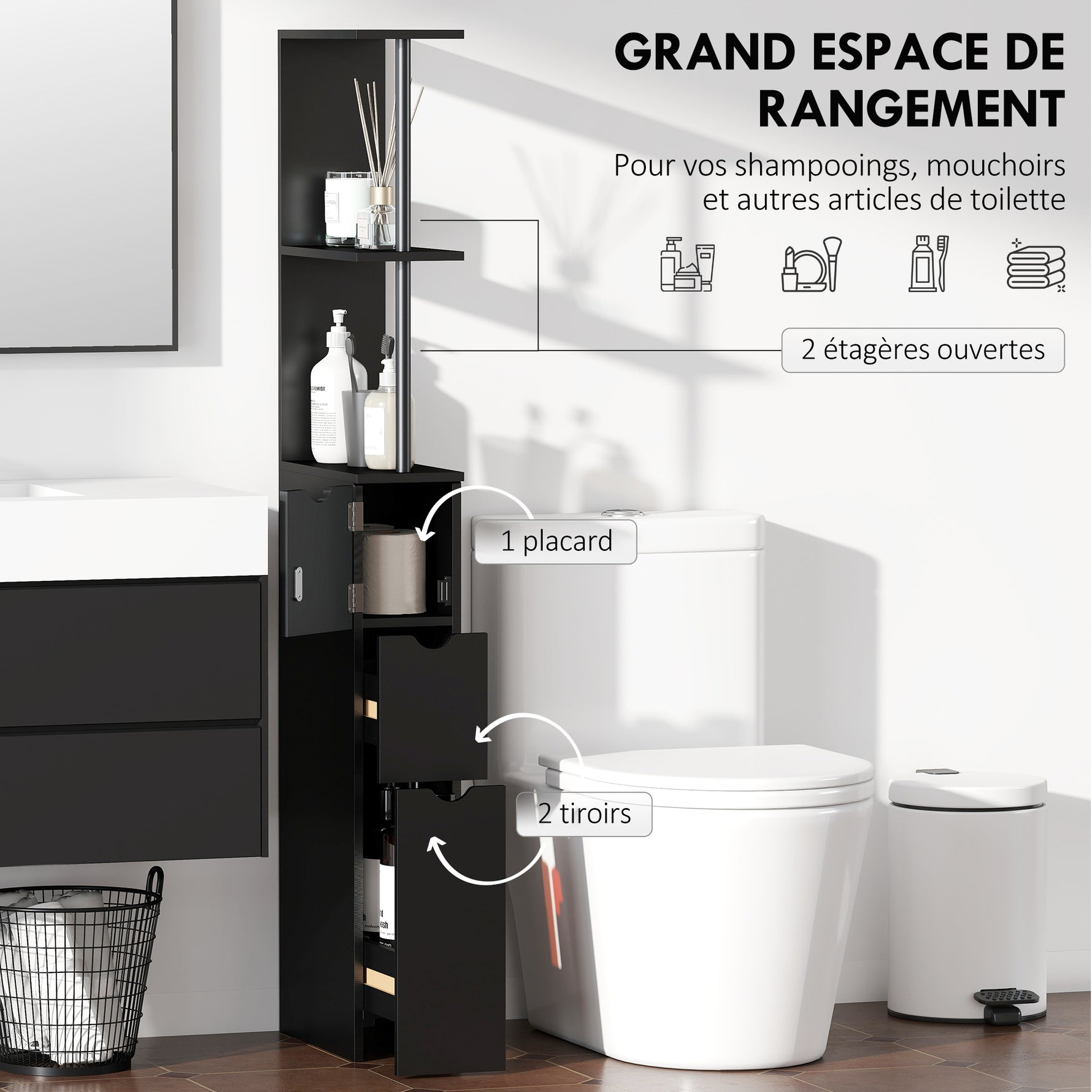 Meuble colonne salle de bain armoire de salle de bain avec tiroirs étagères ouvertes placard 15 x 33 x 136,8 cm noir