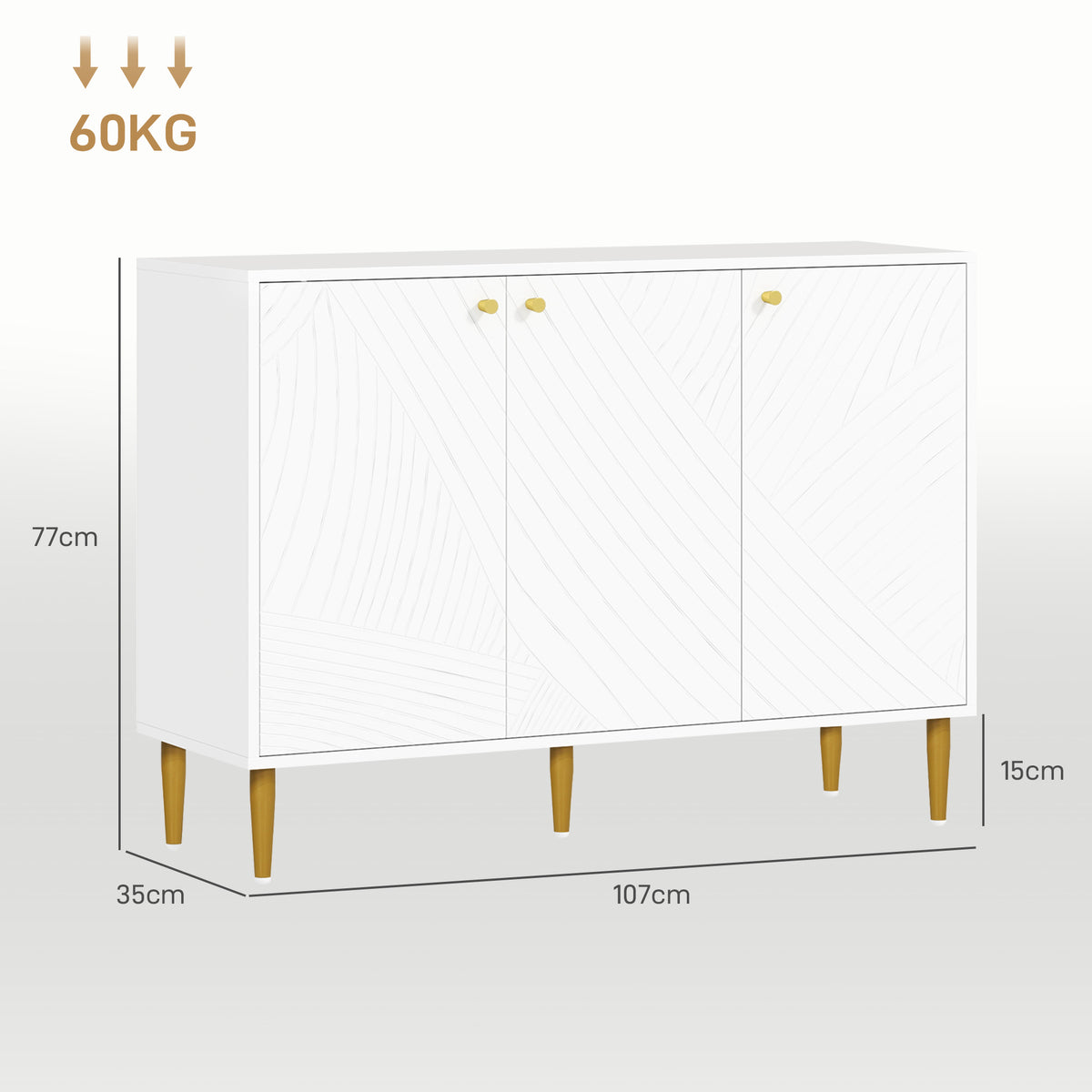 Buffet meuble de rangement avec 2 placard 3 portes étagères ajustables pieds dorés en acier 107 x 35 x 77 cm blanc