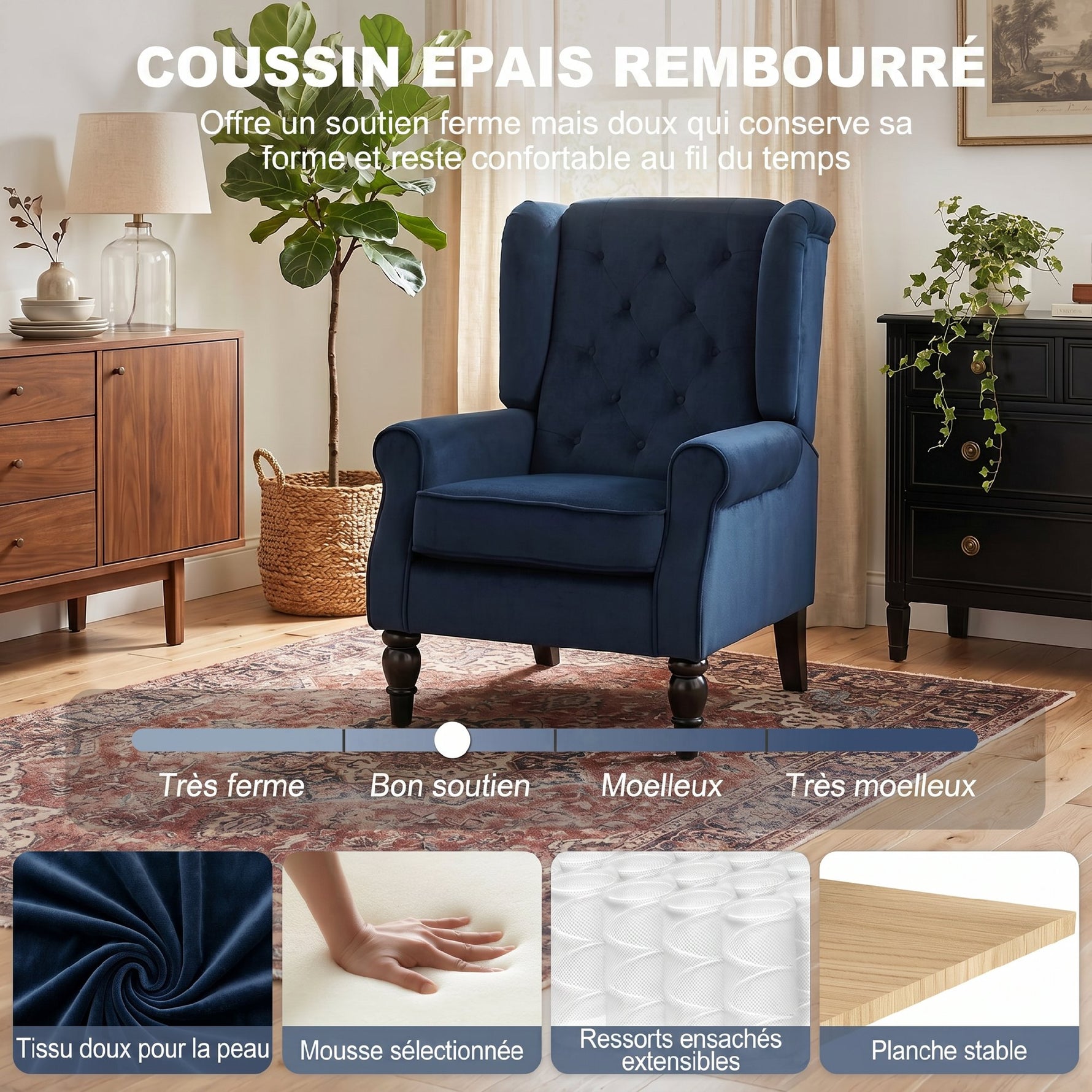 Fauteuil de salon capitonné avec assise large, pieds en bois, style classique, grand confort, 74x86x102cm, bleu foncé