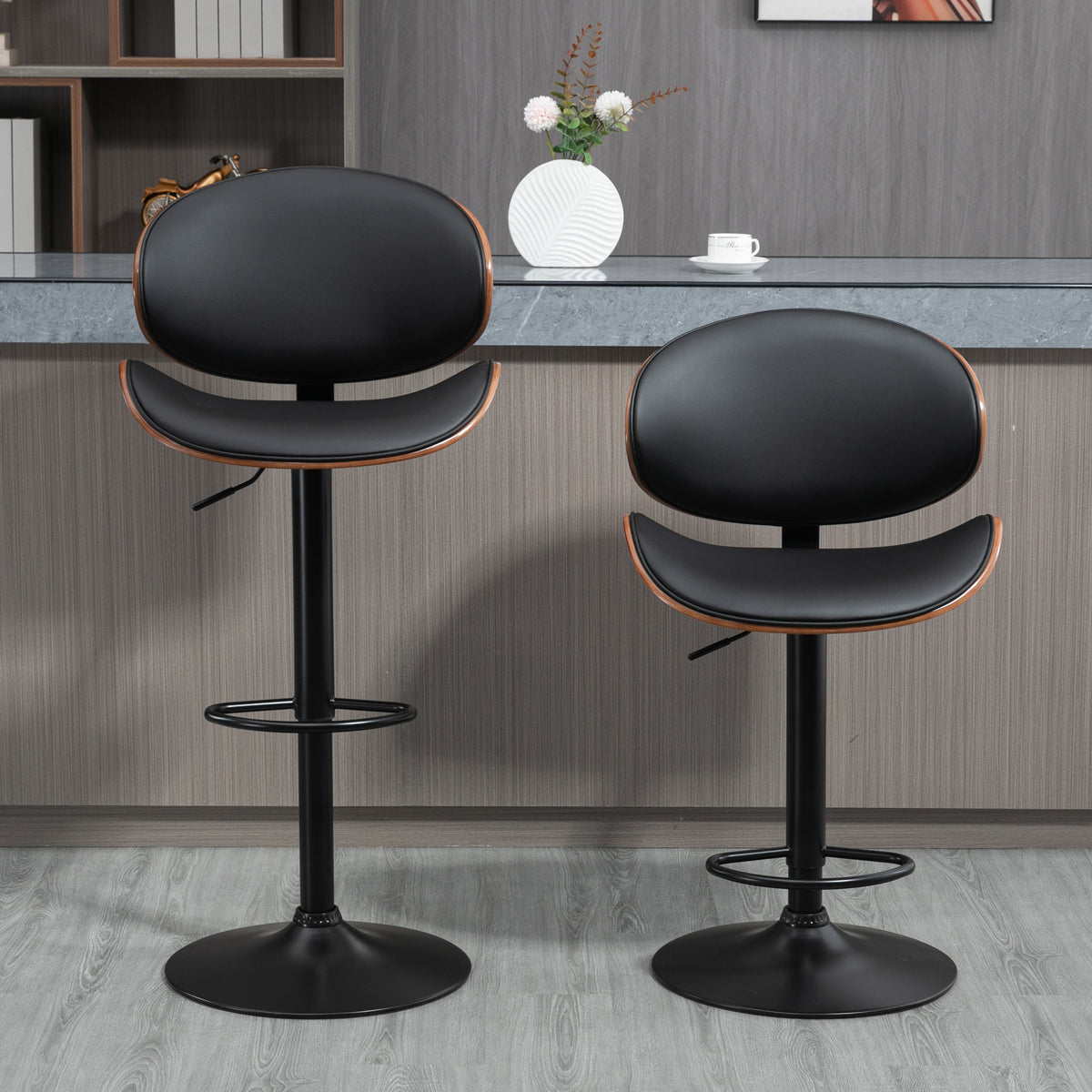 2er-Set Barhocker, höhenverstellbar, Kunstlederbezug, 53 x 52 x 92-112 cm, Schwarz
