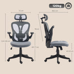 Chaise Bureau Ergonomique avec Accoudoirs 3D et Appui-Tête Réglable, Fauteuil de Bureau en Maille, Gris