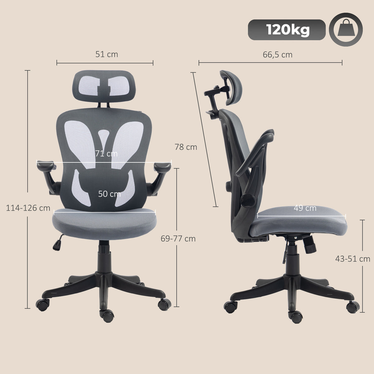 Chaise Bureau Ergonomique avec Accoudoirs 3D et Appui-Tête Réglable, Fauteuil de Bureau en Maille, Gris