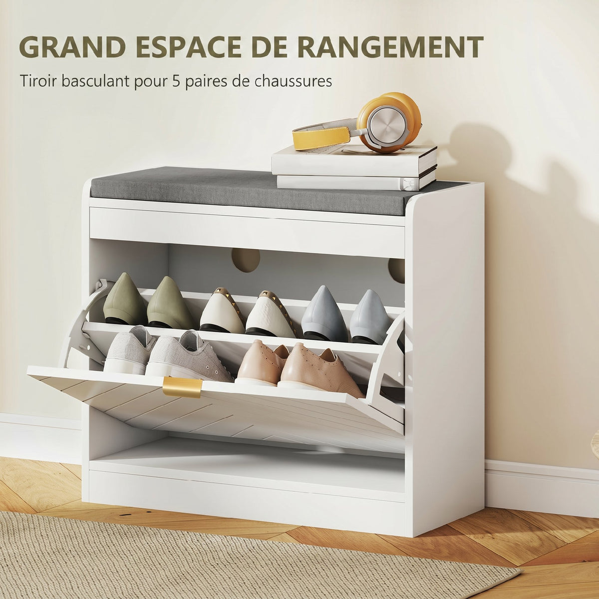 Panca scarpiera, panca contenitore, seduta imbottita, cassetto a ribalta, anta con motivo, 60 x 26 x 52,5 cm, bianco