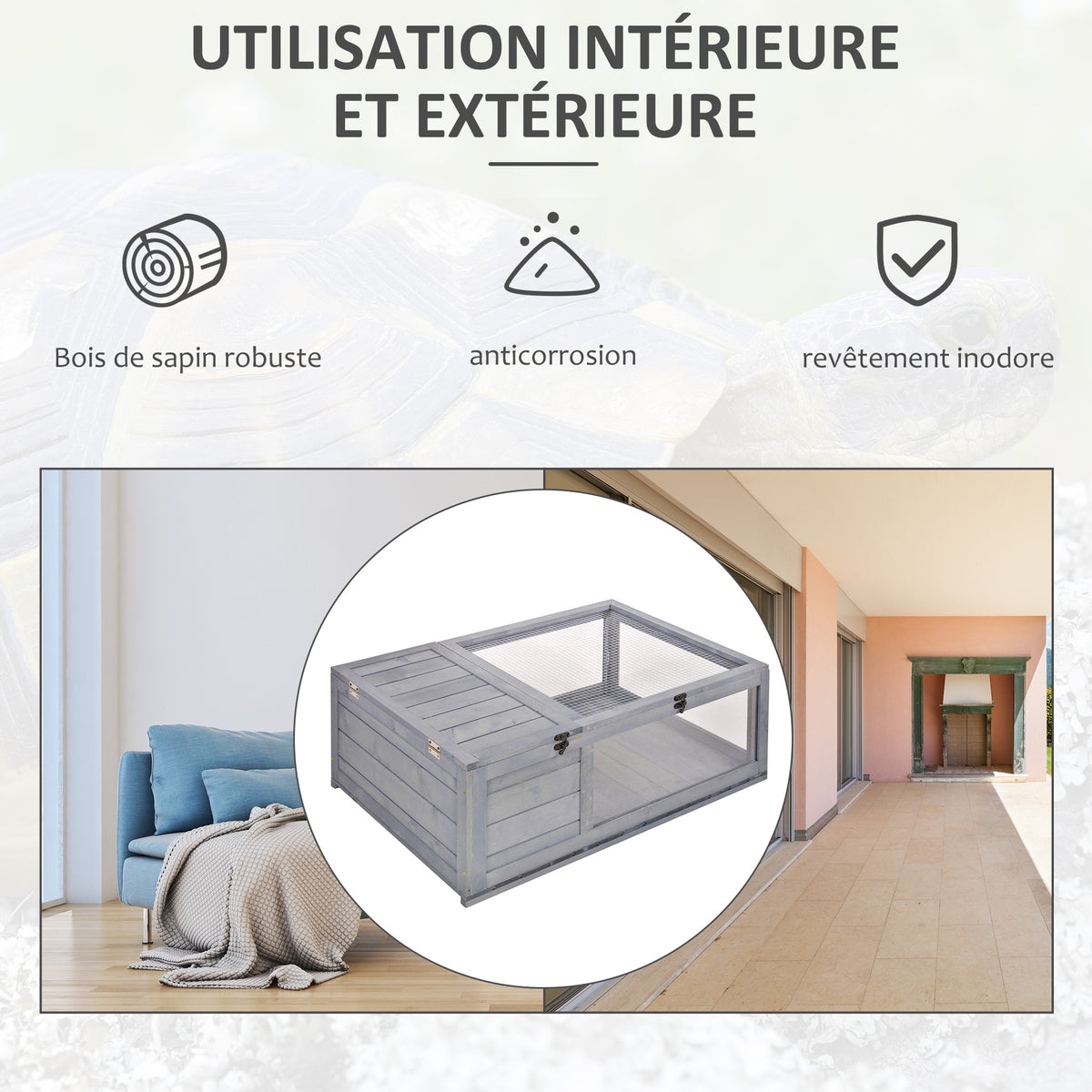 Maison enclos cage habitat pour petit animal tortues avec 2 espaces 91 x 60,5 x 32 cm bois massif gris