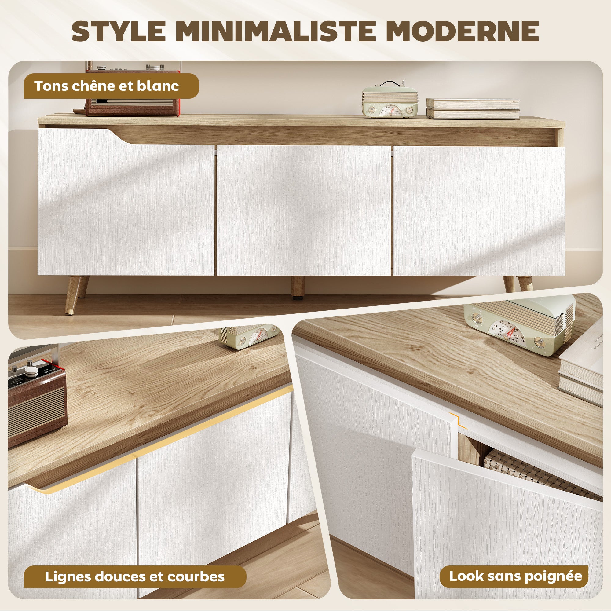 Meuble TV 120 cm, meuble télé pour téléviseur jusqu'à 55 pouces avec 3 portes, étagère réglable, chêne et blanc