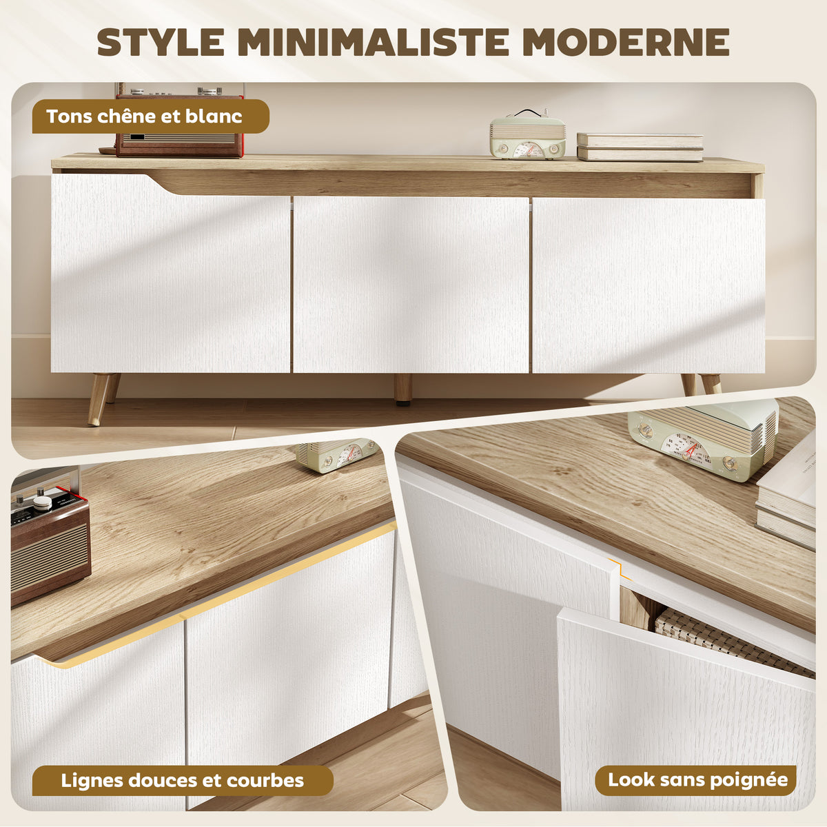 Meuble TV 120 cm, meuble télé pour téléviseur jusqu'à 55 pouces avec 3 portes, étagère réglable, chêne et blanc