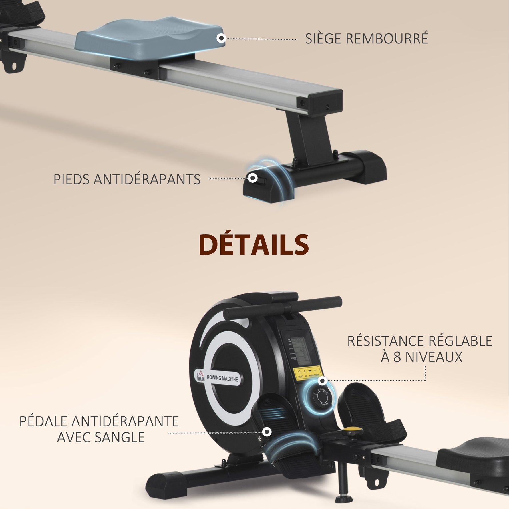 Rameur d'appartement Pliable freinage magnétique - Silencieux - 8 Niveaux de résistance magnétique - Glissière en Aluminium - écran LCD Multifonction - Acier alu. ABS Noir Argent