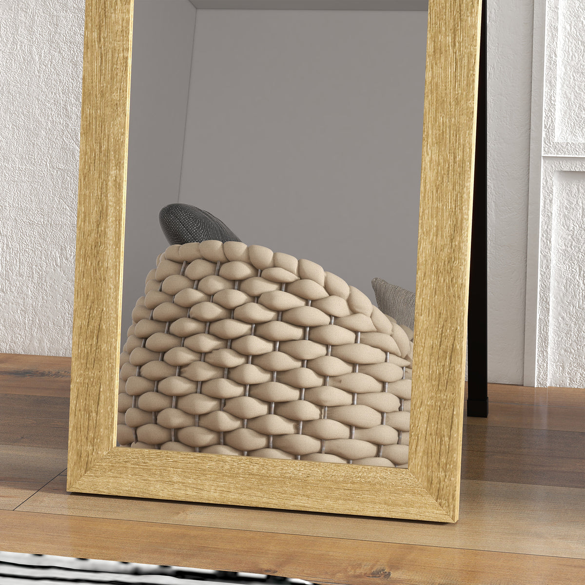 Miroir sur pied mural ou à poser rectangulaire avec cadre en bois pour salon chambre à coucher 37 x 155 cm marron clair