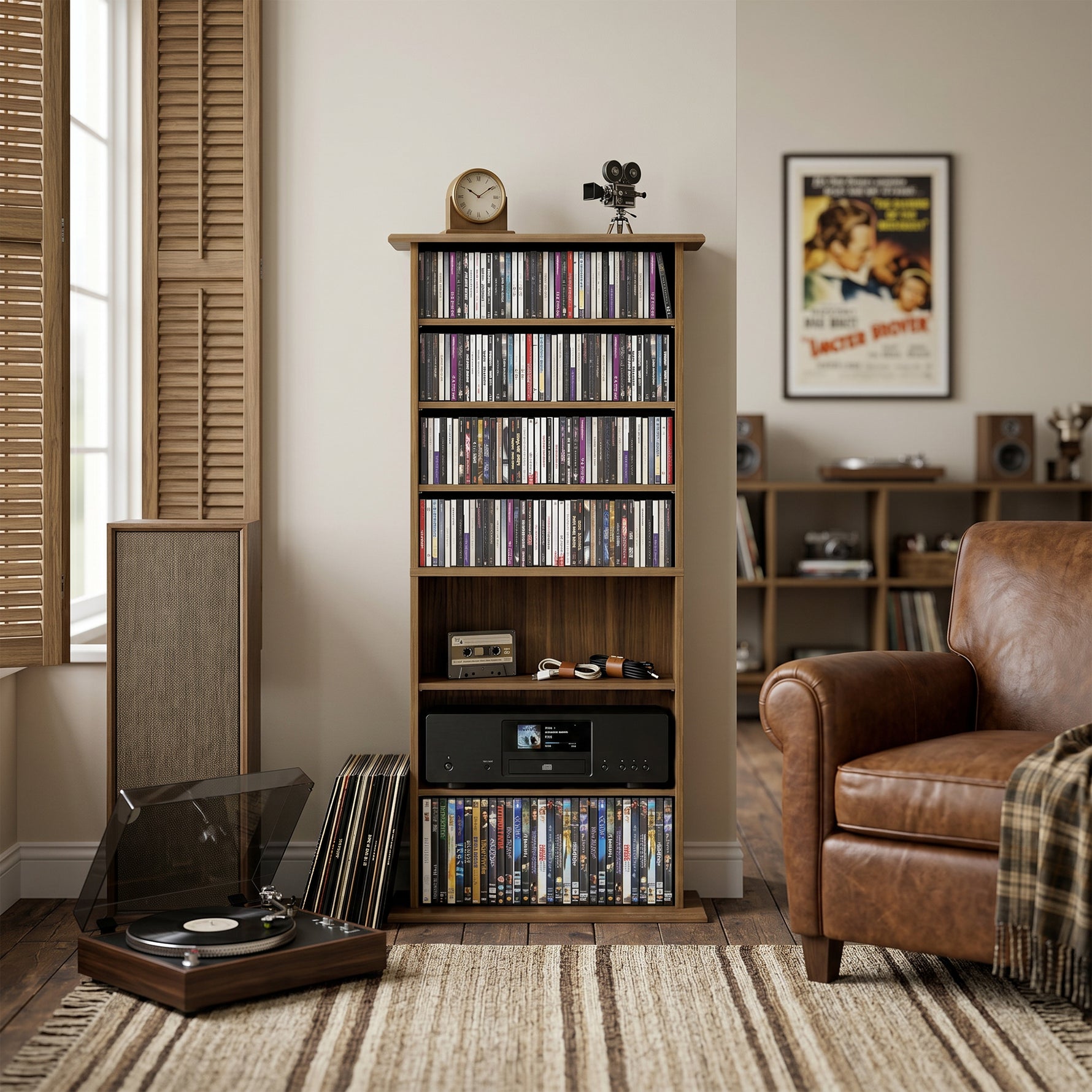 Rangements pour CD et DVD avec 8 compartiments et 6 étagères réglables, capacité max. 360 CD/185 DVD et Blu-ray, noyer